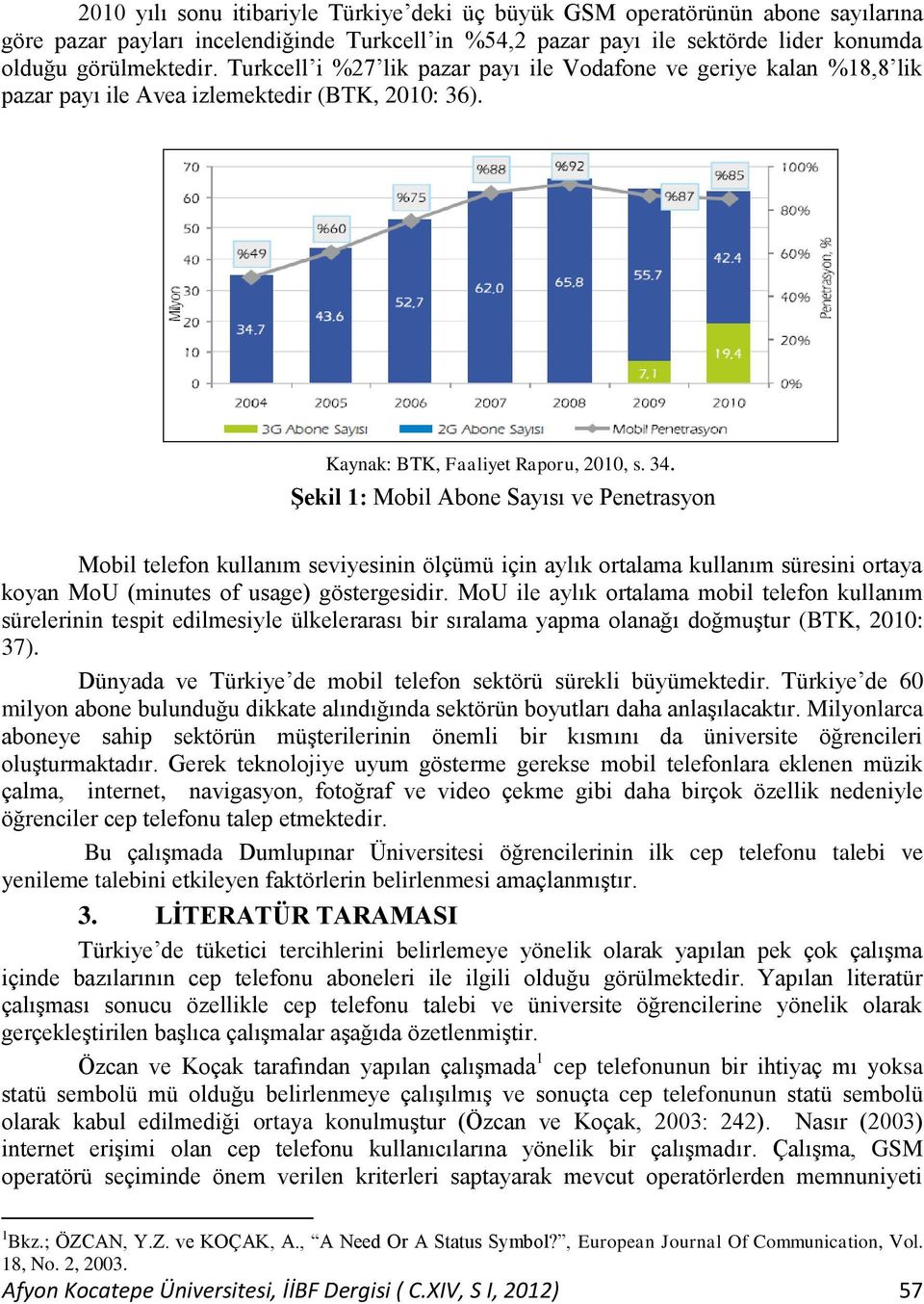 ġekil 1: Mobil Abone Sayısı ve Penetrasyon Mobil telefon kullanım seviyesinin ölçümü için aylık ortalama kullanım süresini ortaya koyan MoU (minutes of usage) göstergesidir.