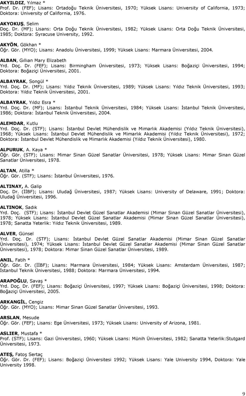 (FEF); Lisans: Birmingham Üniversitesi, 1973; Yüksek Lisans: Boğaziçi Üniversitesi, 1994; Doktora: Boğaziçi Üniversitesi, 2001. ALBAYRAK, Songül * Yrd. Doç. Dr.