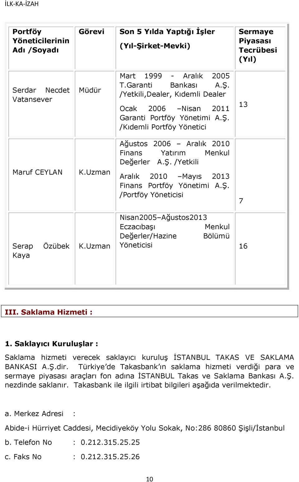 Uzman Nisan2005 Ağustos2013 Eczacıbaşı Menkul Değerler/Hazine Bölümü Yöneticisi 16 III. Saklama Hizmeti : 1.