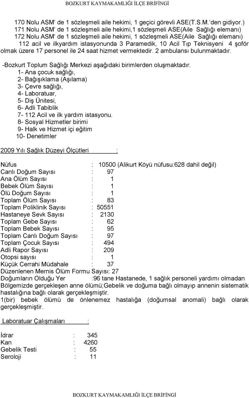 Paramedik, 10 Acil Tıp Teknisyeni 4 şoför olmak üzere 17 personel ile 24 saat hizmet vermektedir. 2 ambulansı bulunmaktadır. -Bozkurt Toplum Sağlığı Merkezi aşağıdaki birimlerden oluşmaktadır.