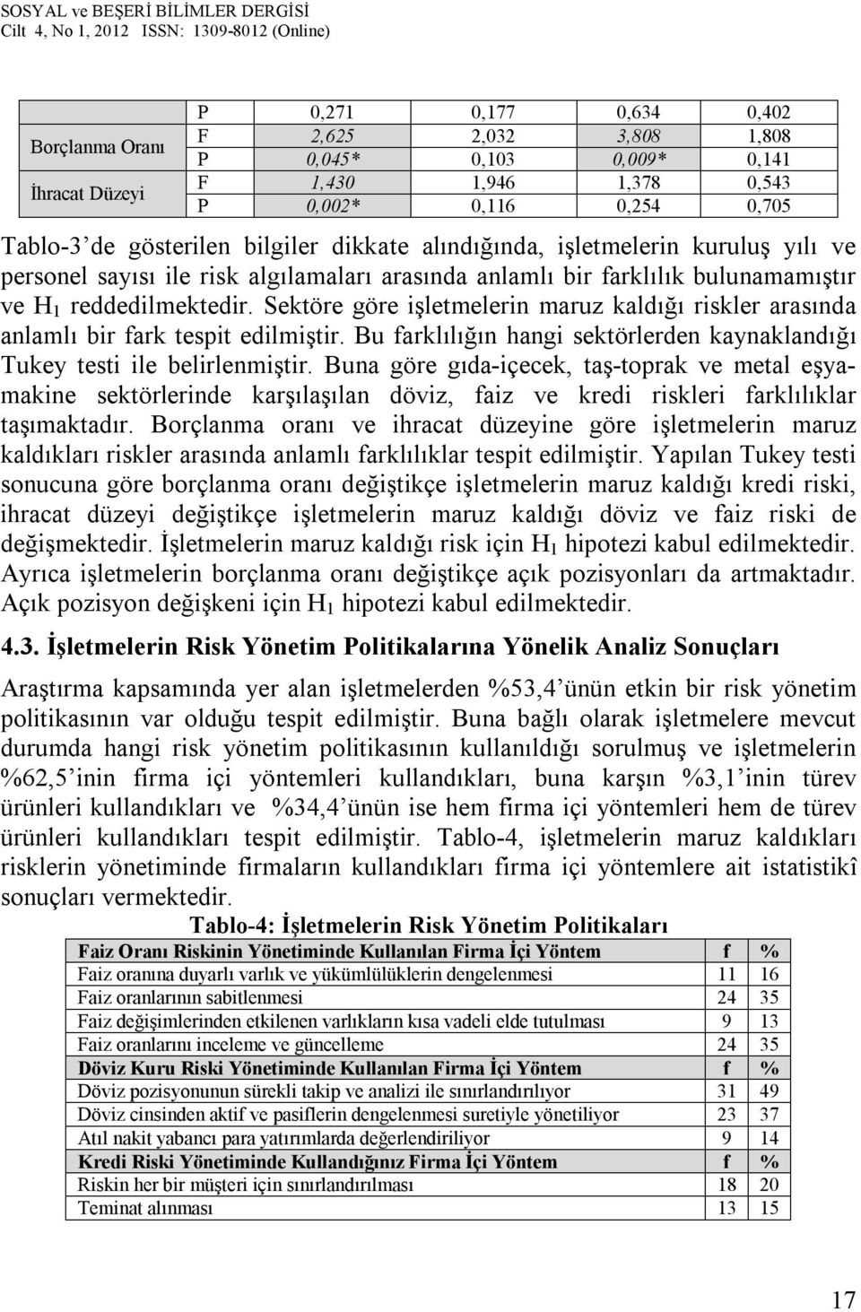 Sektöre göre işletmelerin maruz kaldığı riskler arasında anlamlı bir fark tespit edilmiştir. Bu farklılığın hangi sektörlerden kaynaklandığı Tukey testi ile belirlenmiştir.