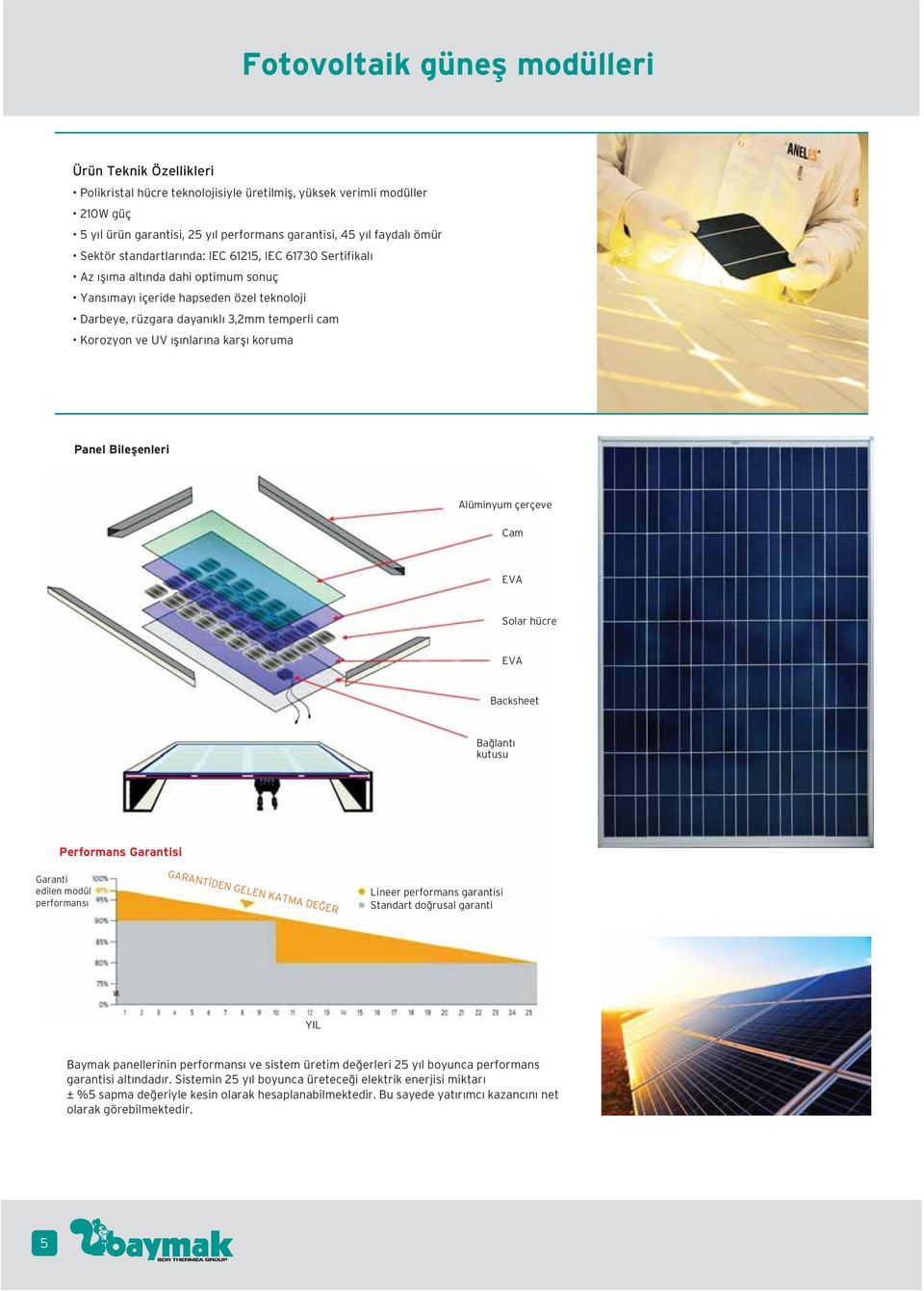 koruma Panel Bileflenleri Alüminyum çerçeve Cam EVA Solar hücre EVA Backsheet Ba lant kutusu Performans Garantisi Garanti edilen modül performans GARANT DEN GELEN KATMA DE ER Lineer performans