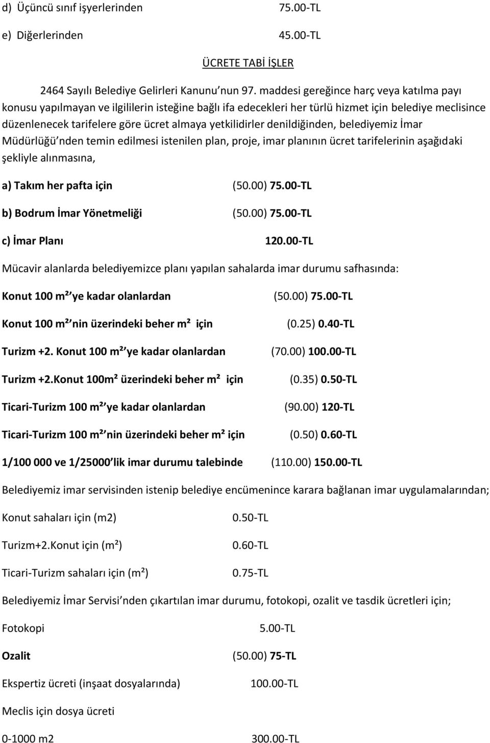 yetkilidirler denildiğinden, belediyemiz İmar Müdürlüğü nden temin edilmesi istenilen plan, proje, imar planının ücret tarifelerinin aşağıdaki şekliyle alınmasına, a) Takım her pafta için (50.00) 75.