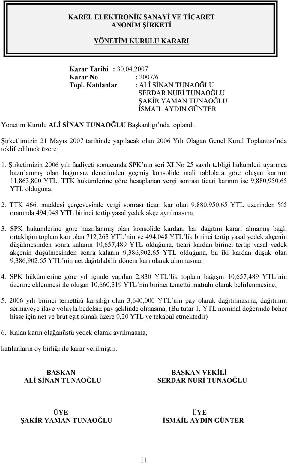 Şirket imizin 21 Mayıs 2007 tarihinde yapılacak olan 2006 Yılı Olağan Genel Kurul Toplantısı nda teklif edilmek üzere; 1.