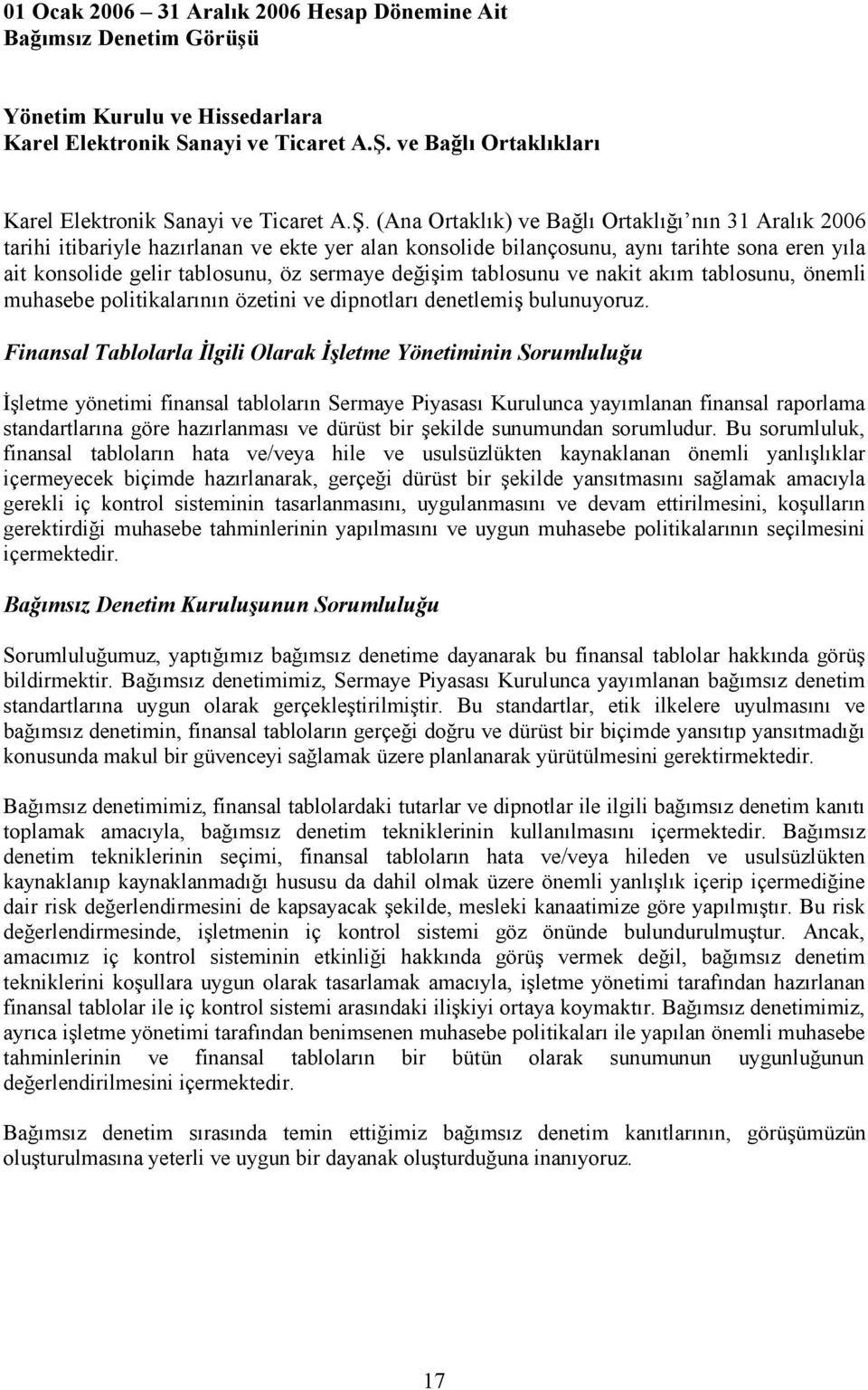 (Ana Ortaklık) ve Bağlı Ortaklığı nın 31 Aralık 2006 tarihi itibariyle hazırlanan ve ekte yer alan konsolide bilançosunu, aynı tarihte sona eren yıla ait konsolide gelir tablosunu, öz sermaye değişim