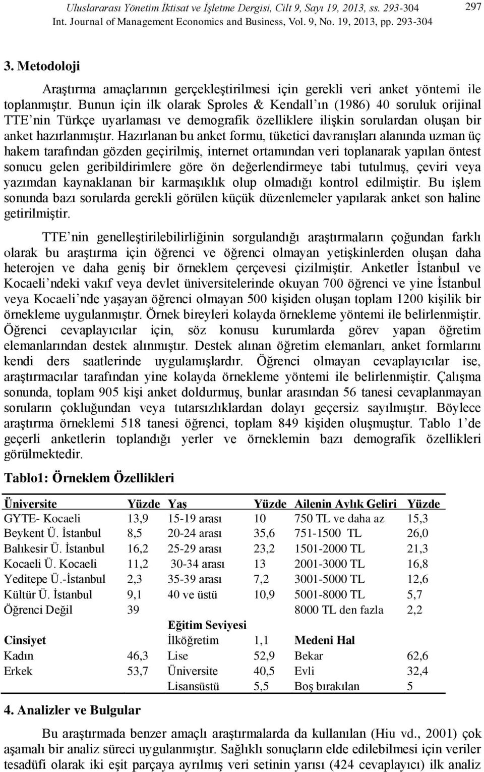 Bunun için ilk olarak Sproles & Kendall ın (1986) 40 soruluk orijinal TTE nin Türkçe uyarlaması ve demografik özelliklere ilişkin sorulardan oluşan bir anket hazırlanmıştır.