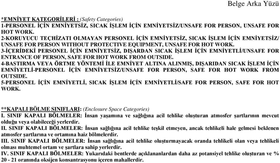 3-İÇERİDEKİ PERSONEL İÇİN EMNİYETSİZ, DIŞARDAN SICAK İŞLEM İÇİN EMNİYETLİ/UNSAFE FOR ENTRANCE OF PERSON, SAFE FOR HOT WORK FROM OUTSIDE.