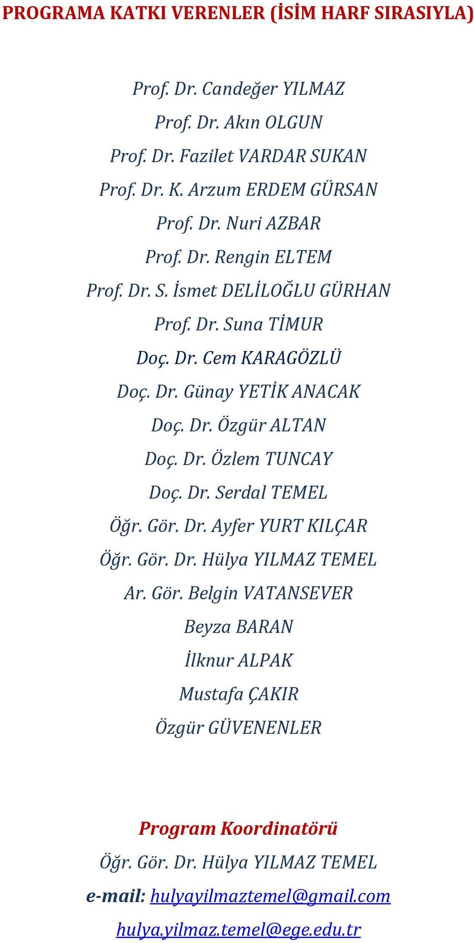 Dr. Özlem TUNCAY Doç. Dr. Serdal TEMEL Öğr. Gör. Dr. Ayfer YURT KILÇAR Öğr. Gör. Dr. Hülya YILMAZ TEMEL Ar. Gör. Belgin VATANSEVER Beyza BARAN İlknur ALPAK Mustafa ÇAKIR Özgür GÜVENENLER Program Koordinatörü Öğr.