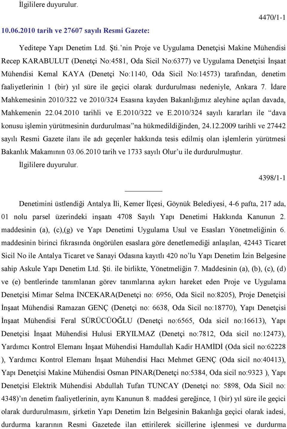 tarafından, denetim faaliyetlerinin 1 (bir) yıl süre ile geçici olarak durdurulması nedeniyle, Ankara 7.