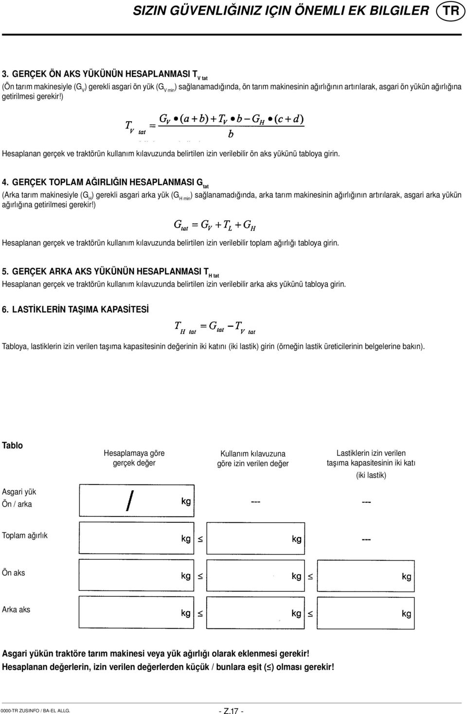 getirilmesi gerekir!) Hesaplanan gerçek ve traktörün kullanım kılavuzunda belirtilen izin verilebilir ön aks yükünü tabloya girin. 4.