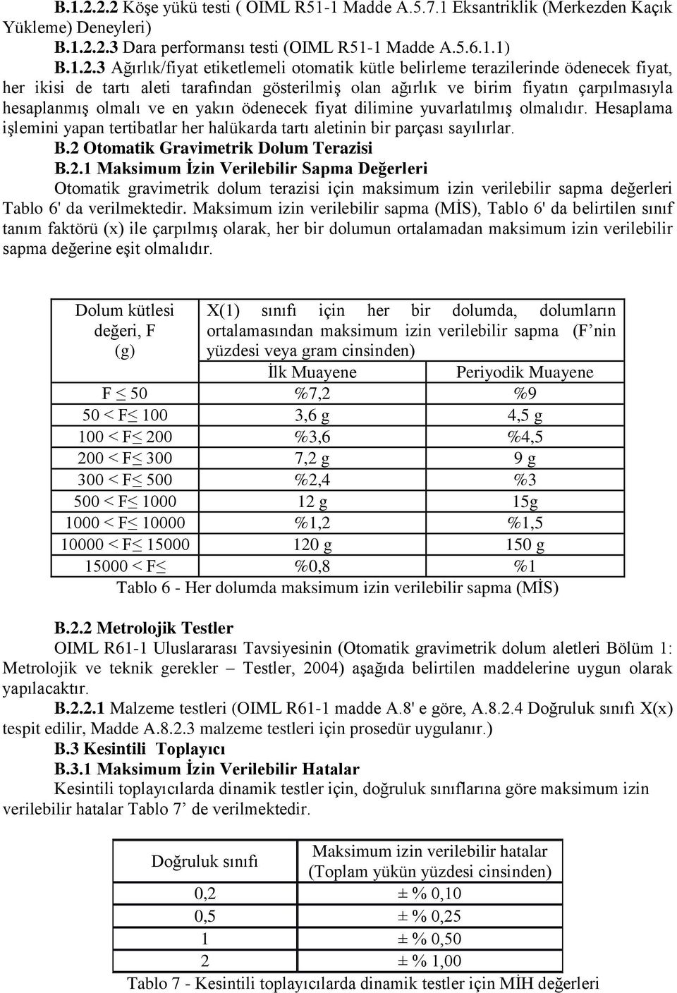 1 Madde A.5.7.1 Eksantriklik (Merkezden Kaçık Yükleme) Deneyleri) 2.3 Dara performansı testi (OIML R51-1 Madde A.5.6.1.1) 3 Ağırlık/fiyat etiketlemeli otomatik kütle belirleme terazilerinde ödenecek