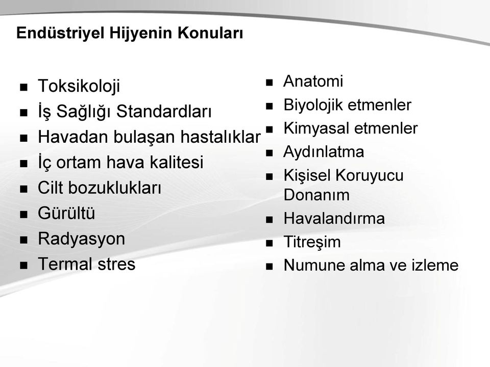 Gürültü Radyasyon Termal stres Anatomi Biyolojik etmenler Kimyasal