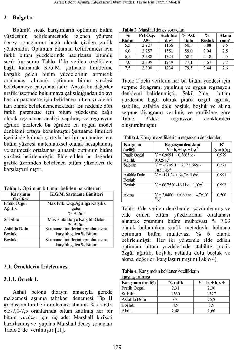 Optimum bitümün belirlenmesi için farklı bitüm yüzdelerinde hazırlanan bitümlü sıcak karışımın Tablo 1 de verilen özelliklere bağlı kalınarak K.G.M.