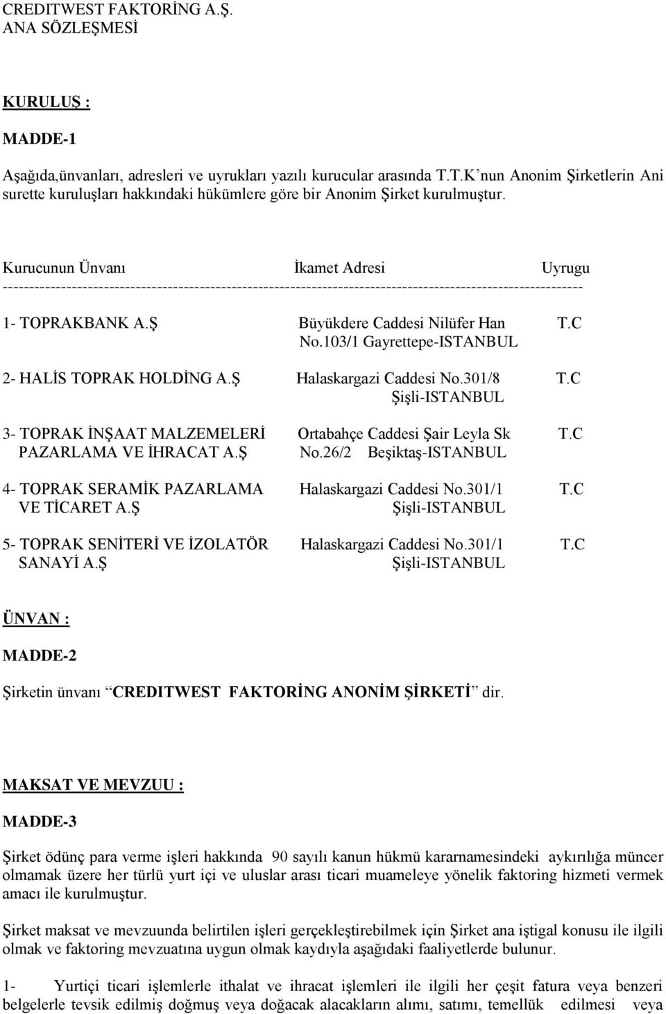 C No.103/1 Gayrettepe-ISTANBUL 2- HALİS TOPRAK HOLDİNG A.Ş Halaskargazi Caddesi No.301/8 T.C Şişli-ISTANBUL 3- TOPRAK İNŞAAT MALZEMELERİ Ortabahçe Caddesi Şair Leyla Sk T.C PAZARLAMA VE İHRACAT A.
