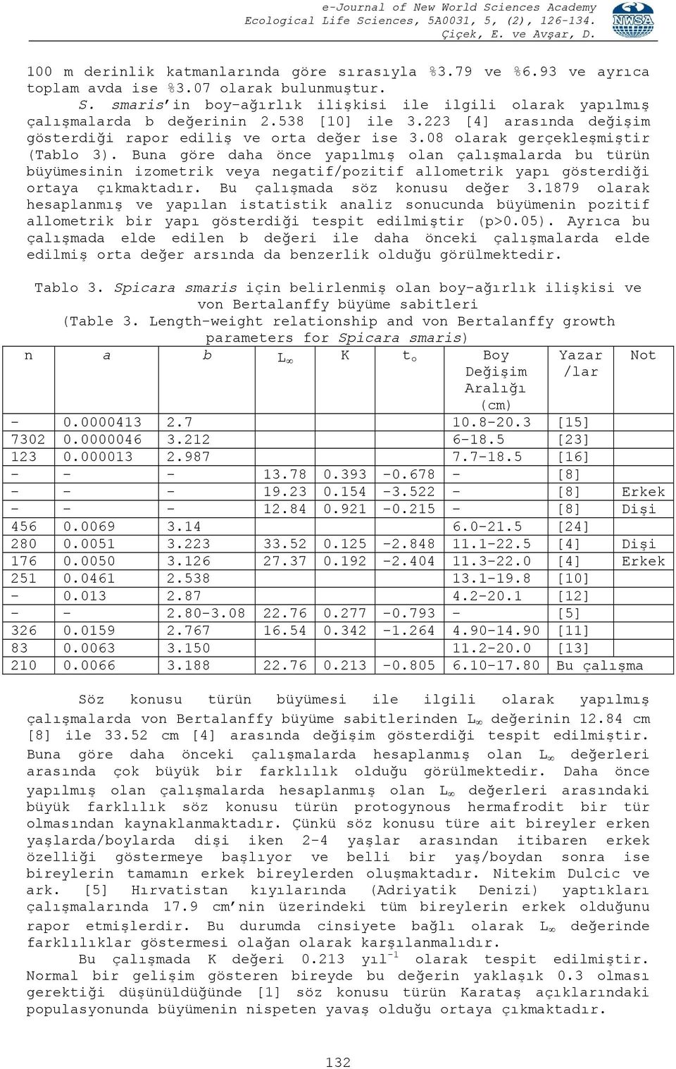 Buna göre daha önce yapılmış olan çalışmalarda bu türün büyümesinin izometrik veya negatif/pozitif allometrik yapı gösterdiği ortaya çıkmaktadır. Bu çalışmada söz konusu değer 3.