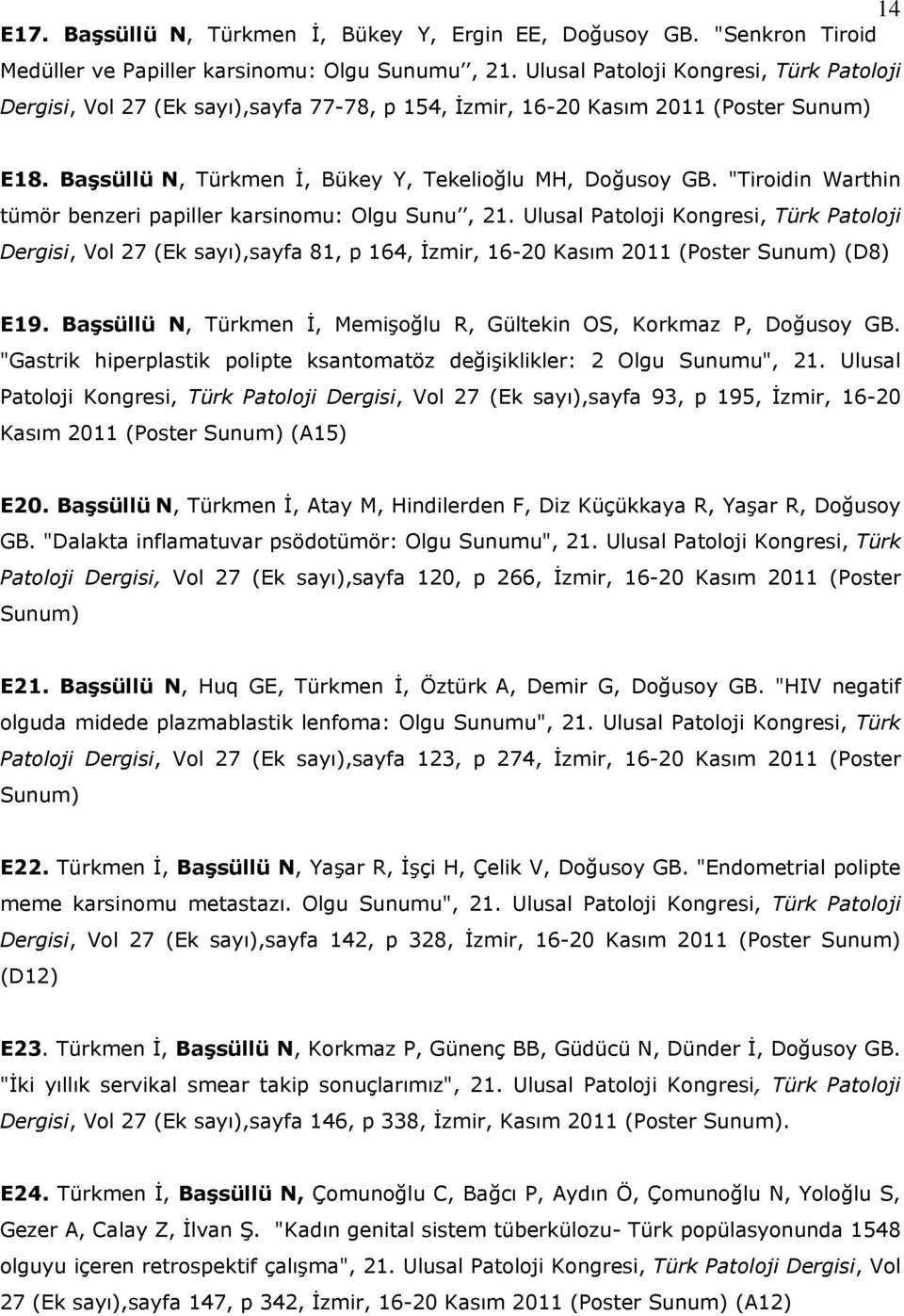 "Tiroidin Warthin tümör benzeri papiller karsinomu: Olgu Sunu, 21. Ulusal Patoloji Kongresi, Türk Patoloji Dergisi, Vol 27 (Ek sayı),sayfa 81, p 164, İzmir, 16-20 Kasım 2011 (Poster Sunum) (D8) E19.