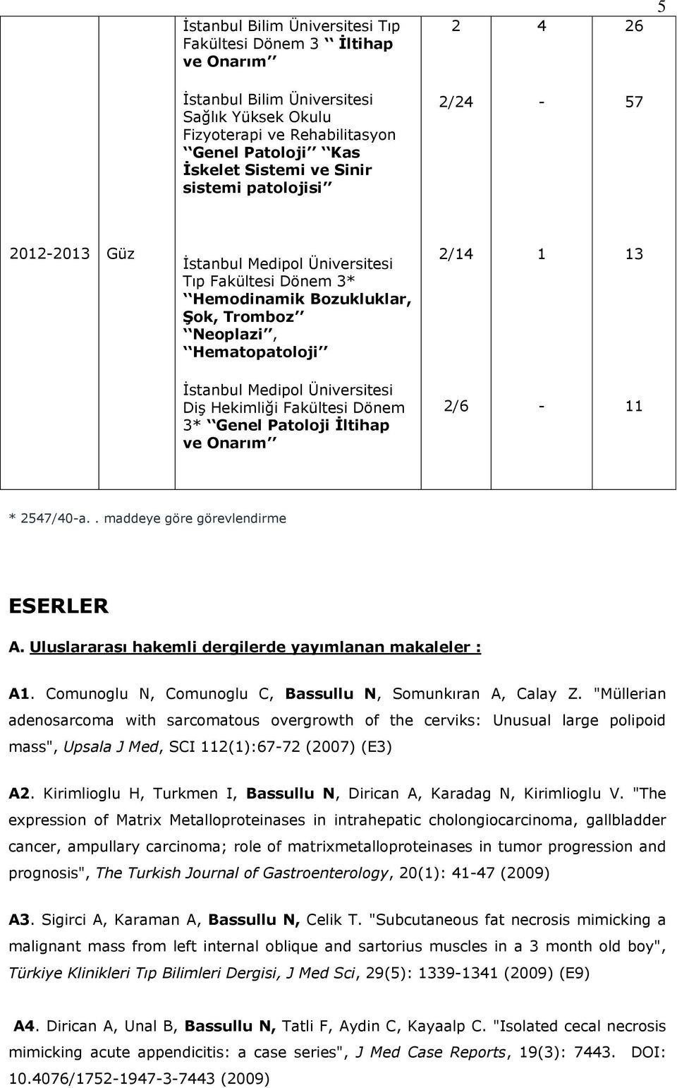 Diş Hekimliği Fakültesi Dönem 3* Genel Patoloji İltihap ve Onarım 2/6-11 * 2547/40-a.. maddeye göre görevlendirme ESERLER A. Uluslararası hakemli dergilerde yayımlanan makaleler : A1.