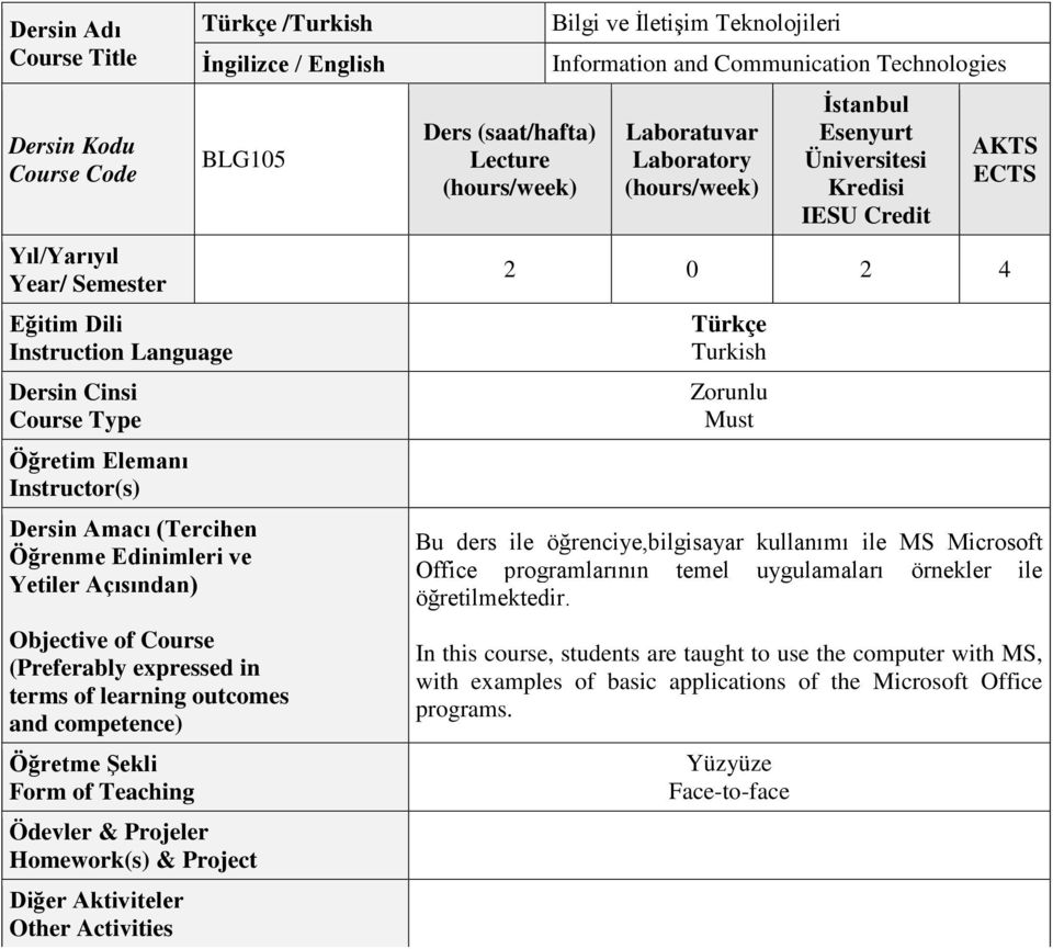 Ödevler & Projeler Homework(s) & Project Diğer Aktiviteler Other Activities Ders (saat/hafta) Lecture (hours/week) Bilgi ve İletişim Teknolojileri Information and Communication Technologies