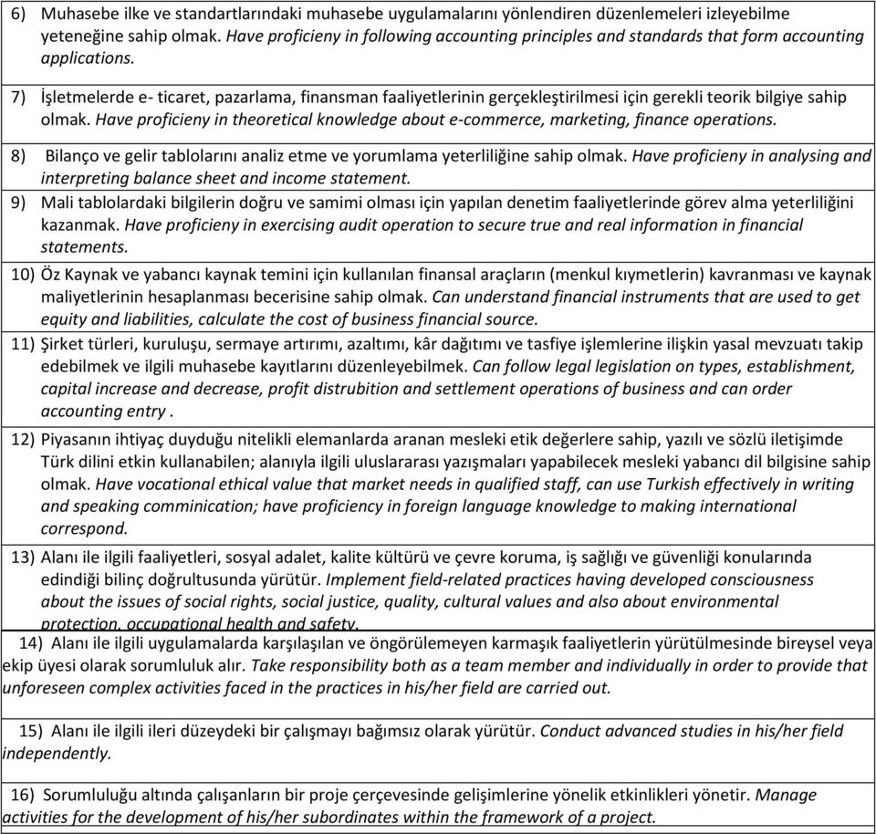 7) İşletmelerde e- ticaret, pazarlama, finansman faaliyetlerinin gerçekleştirilmesi için gerekli teorik bilgiye sahip olmak.