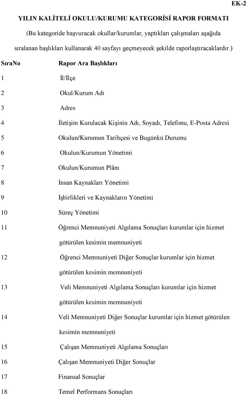 ) SıraNo Rapor Ara Başlıkları 1 İl/İlçe 2 Okul/Kurum Adı 3 Adres 4 İletişim Kurulacak Kişinin Adı, Soyadı, Telefonu, E-Posta Adresi 5 Okulun/Kurumun Tarihçesi ve Bugünkü Durumu 6 Okulun/Kurumun