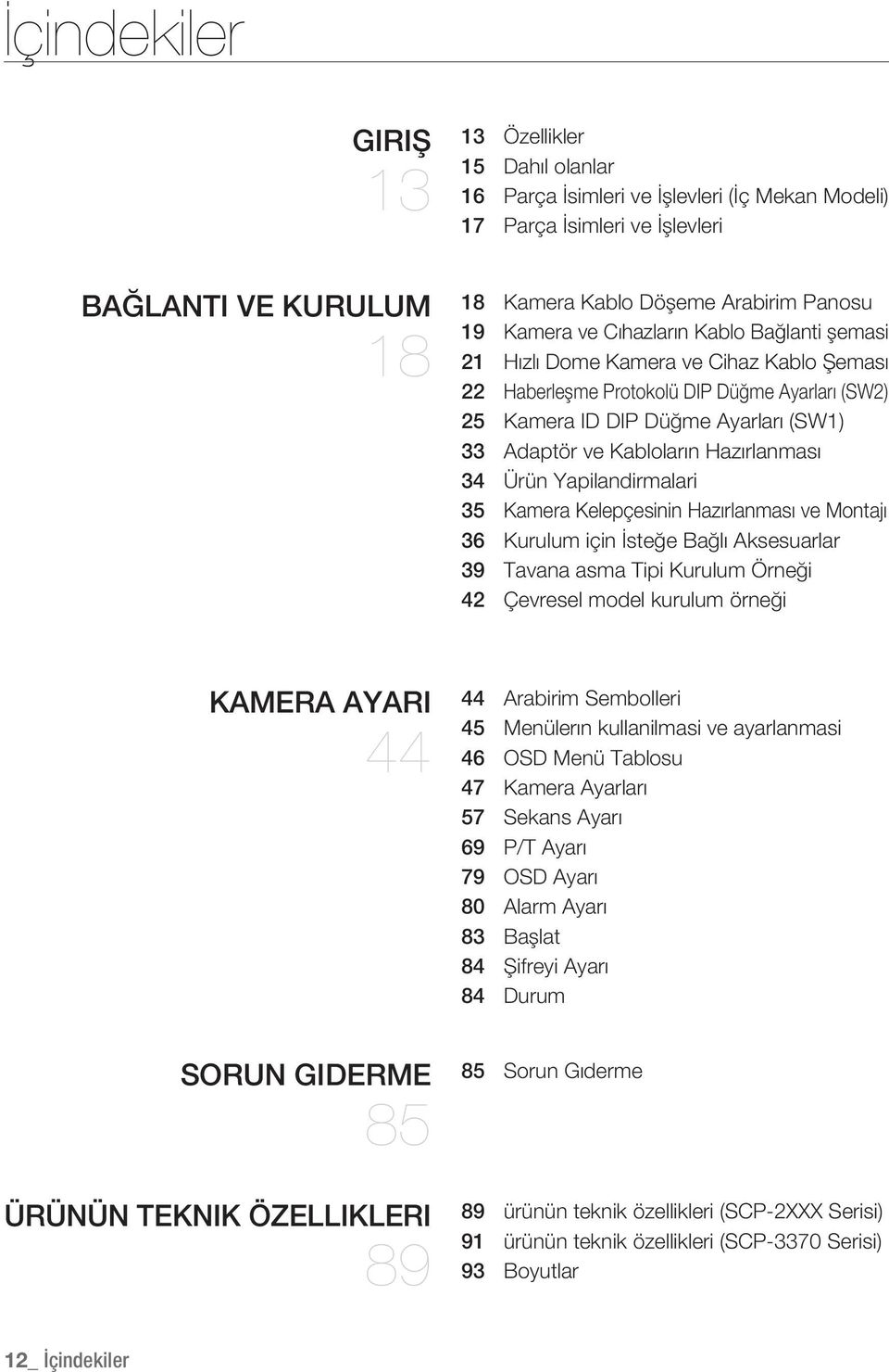 Hazırlanması 34 Ürün Yapilandirmalari 35 Kamera Kelepçesinin Hazırlanması ve Montajı 36 Kurulum için İsteğe Bağlı Aksesuarlar 39 Tavana asma Tipi Kurulum Örneği 42 Çevresel model kurulum örneği