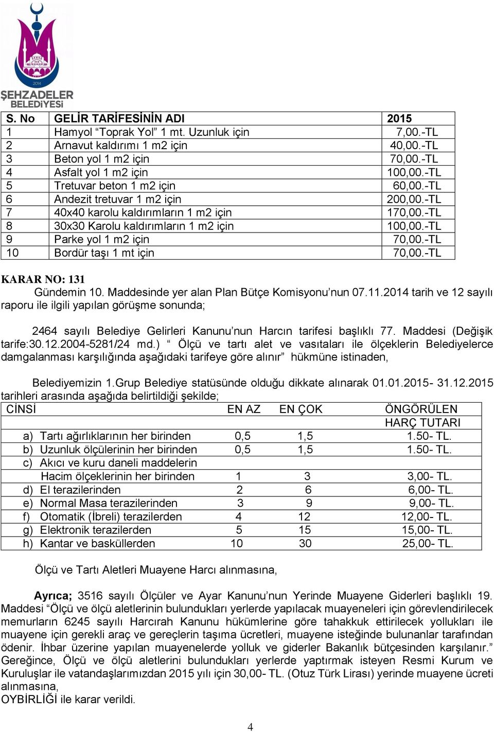 -TL 9 Parke yol 1 m2 için 70,00.-TL 10 Bordür taşı 1 mt için 70,00.-TL KARAR NO: 131 Gündemin 10. Maddesinde yer alan Plan Bütçe Komisyonu nun 07.11.