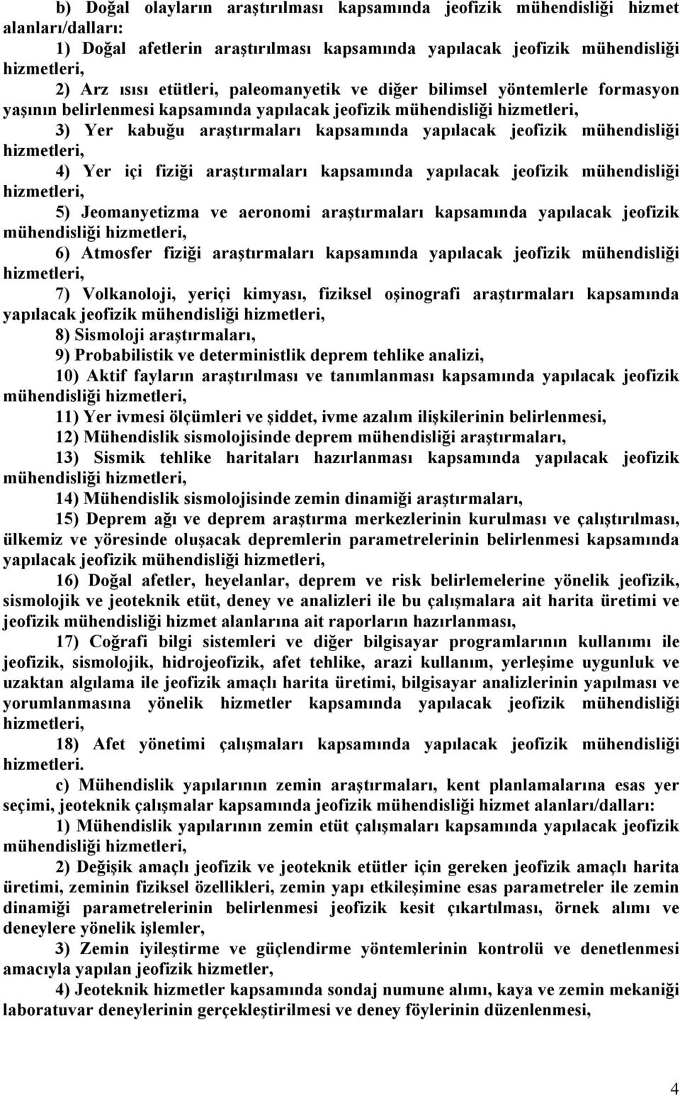 fiziği araştırmaları kapsamında yapılacak jeofizik mühendisliği 5) Jeomanyetizma ve aeronomi araştırmaları kapsamında yapılacak jeofizik mühendisliği 6) Atmosfer fiziği araştırmaları kapsamında