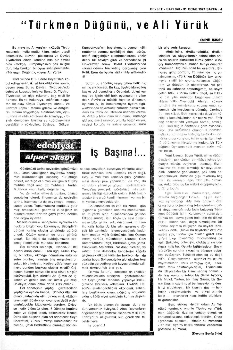 rkmen Düğünü», yazarı Ali Yürük. 1973 yılında D.T. Edebî Heyeti'nce kabul edilen eser, iki yıl bekletildikten sonra, geçen sene Bursa Devlet Tiyatrosu'nda sahneye kavuşabilmiş ve Bursa D.