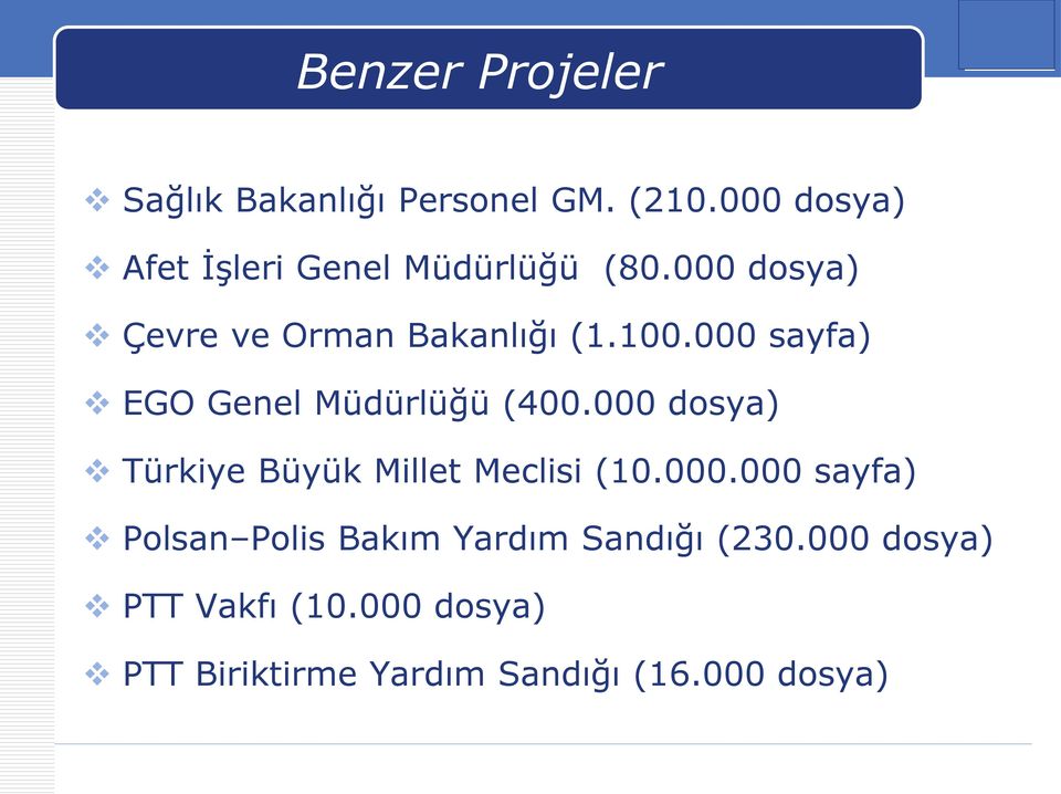 000 sayfa) EGO Genel Müdürlüğü (400.000 dosya) Türkiye Büyük Millet Meclisi (10.000.000 sayfa) Polsan Polis Bakım Yardım Sandığı (230.