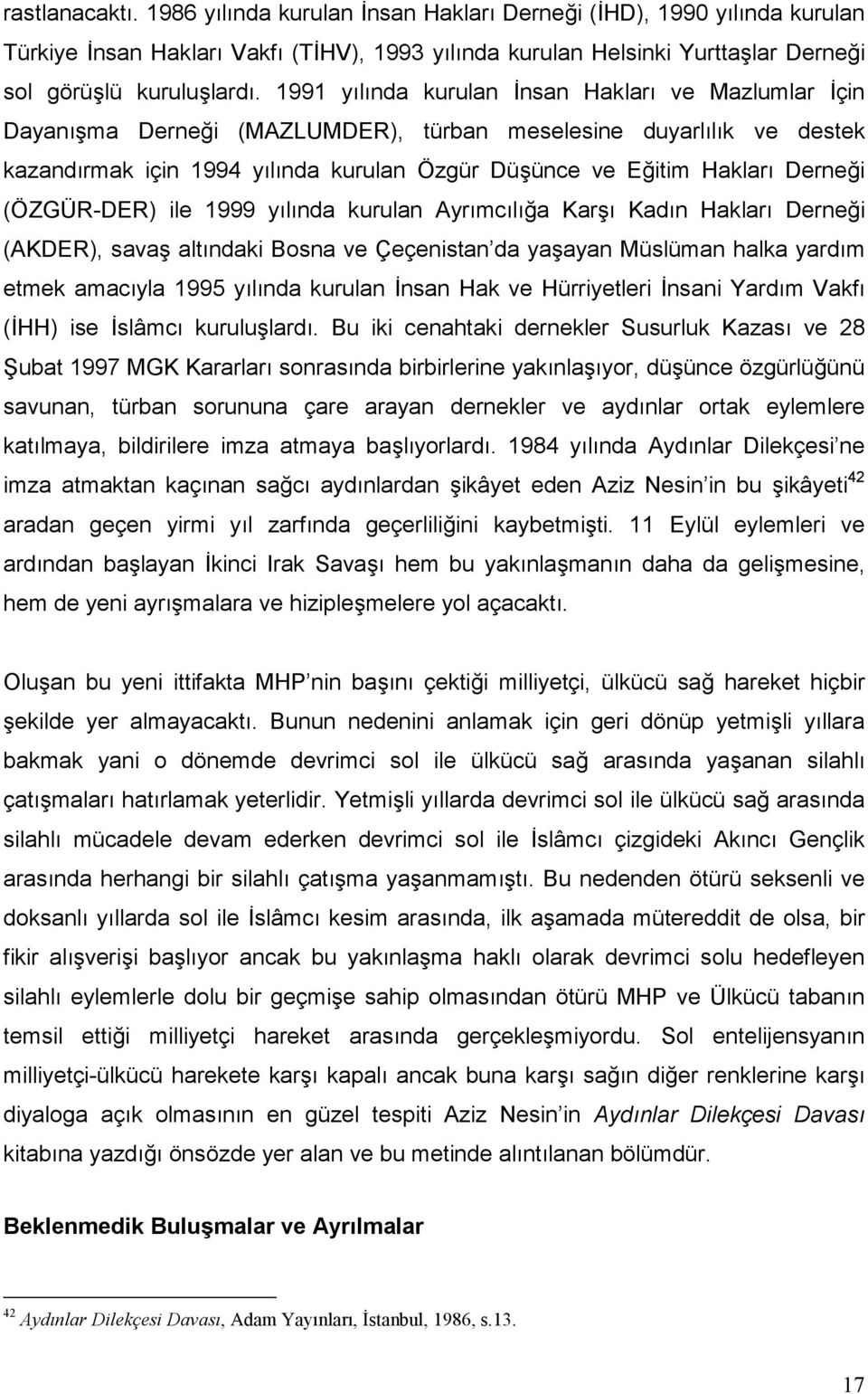 Derneği (ÖZGÜR-DER) ile 1999 yılında kurulan Ayrımcılığa Karşı Kadın Hakları Derneği (AKDER), savaş altındaki Bosna ve Çeçenistan da yaşayan Müslüman halka yardım etmek amacıyla 1995 yılında kurulan