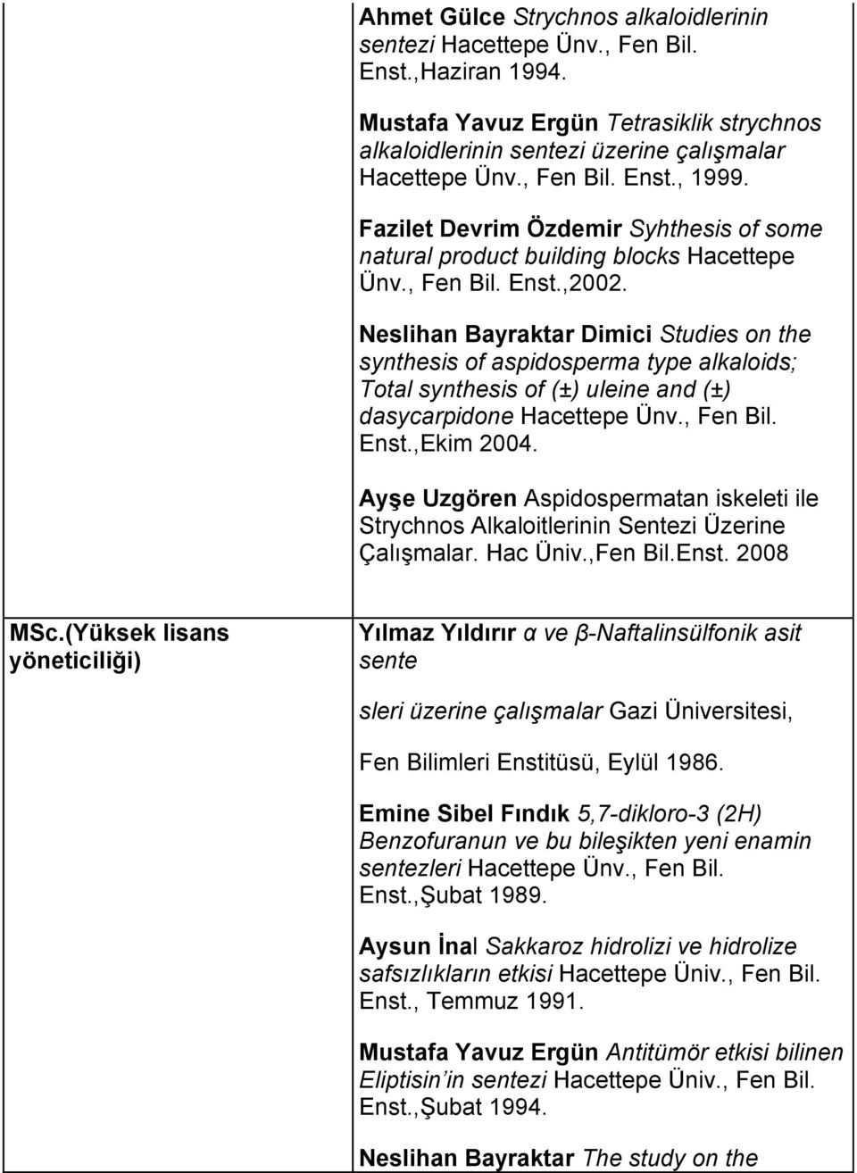 Neslihan Bayraktar Dimici Studies on the synthesis of aspidosperma type alkaloids; Total synthesis of (±) uleine and (±) dasycarpidone Hacettepe Ünv., Fen Bil. Enst.,Ekim 2004.