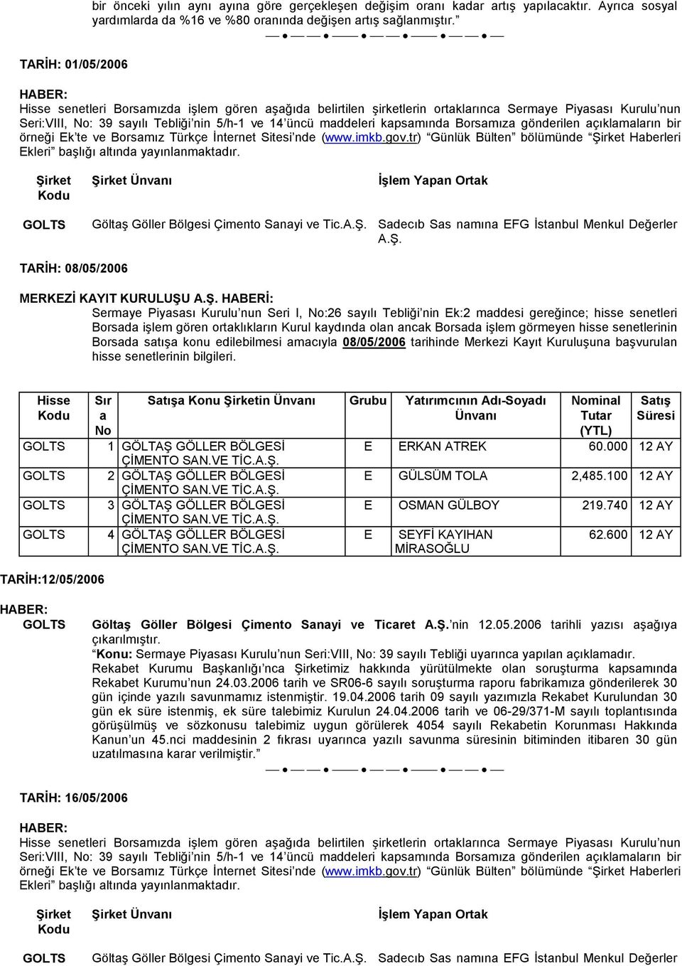 Sdecıb Ss nmın EFG Đstnbul Menkul Değerler TARĐH: 08/05/2006 Borsd stış konu edilebilmesi mcıyl 08/05/2006 trihinde Merkezi Kyıt Kuruluşun bşvuruln Konu in Ünvnı Grubu Ytırımcının Adı-Soydı Ünvnı 1