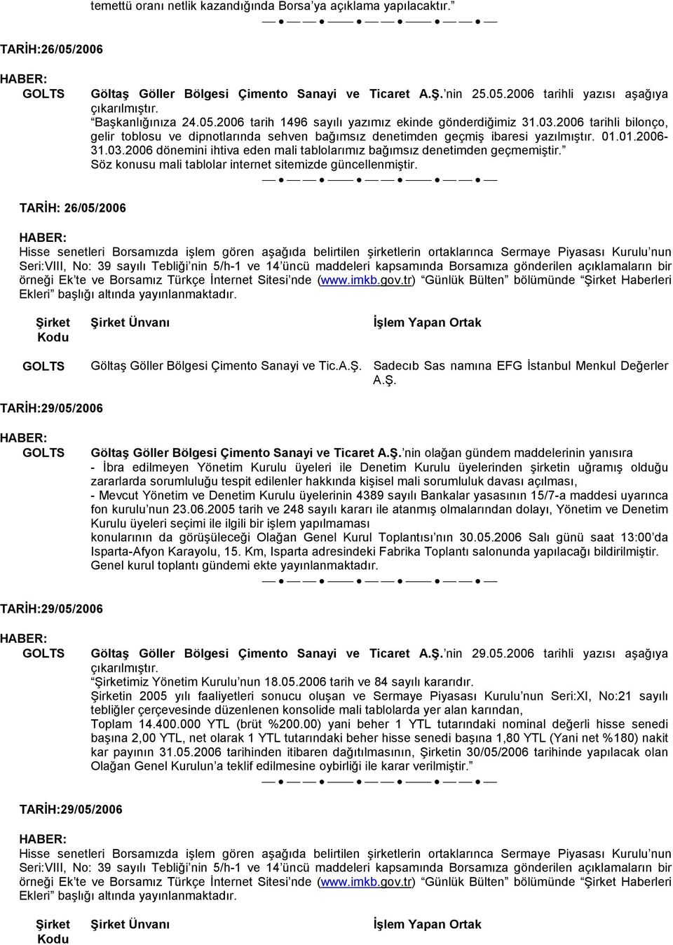 Söz konusu mli tblolr internet sitemizde güncellenmiştir. TARĐH: 26/05/2006 örneği Ek te ve Borsmız Türkçe Đnternet Sitesi nde (www.imkb.gov.