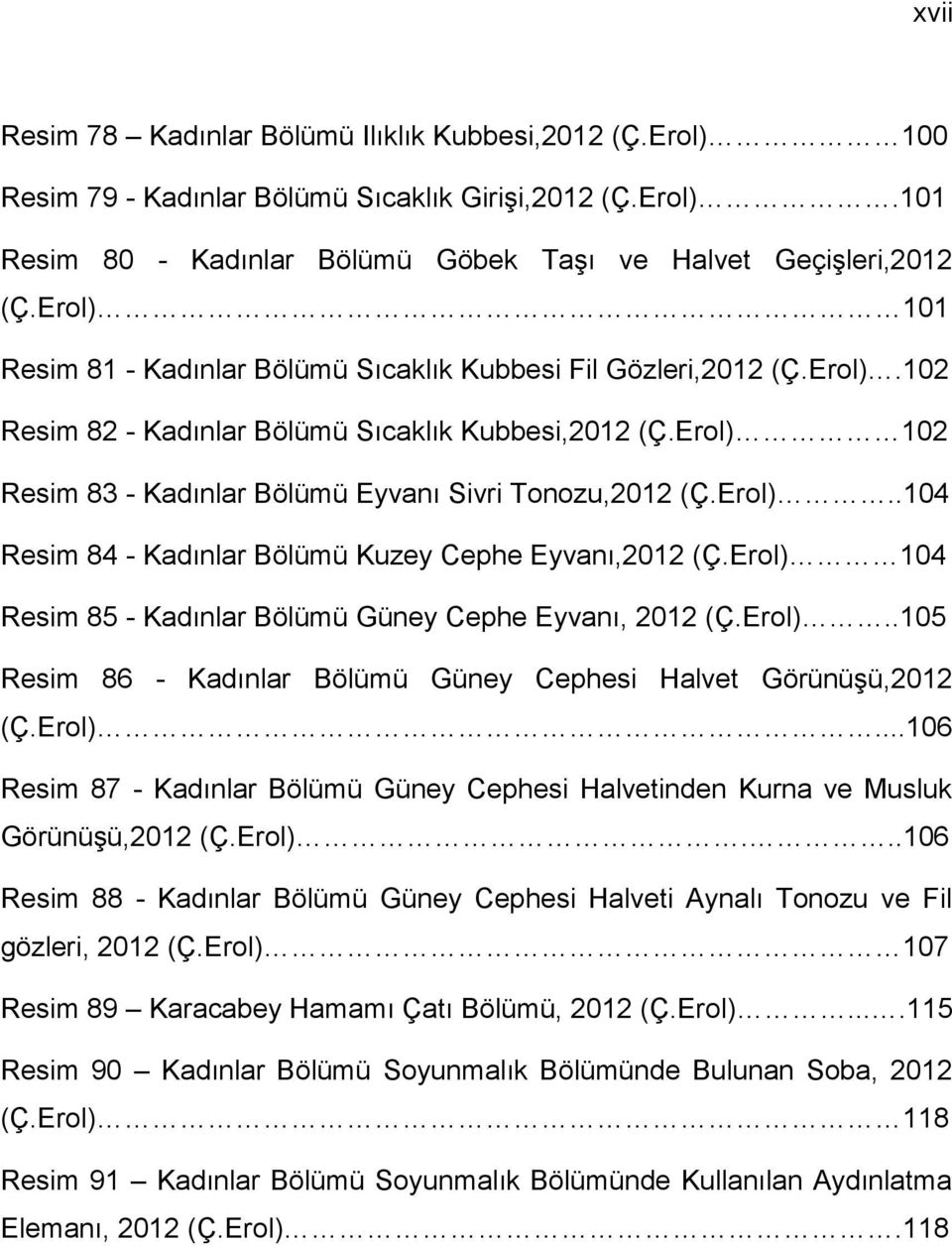 Erol) 102 Resim 83 - Kadınlar Bölümü Eyvanı Sivri Tonozu,2012 (Ç.Erol)..104 Resim 84 - Kadınlar Bölümü Kuzey Cephe Eyvanı,2012 (Ç.Erol) 104 Resim 85 - Kadınlar Bölümü Güney Cephe Eyvanı, 2012 (Ç.