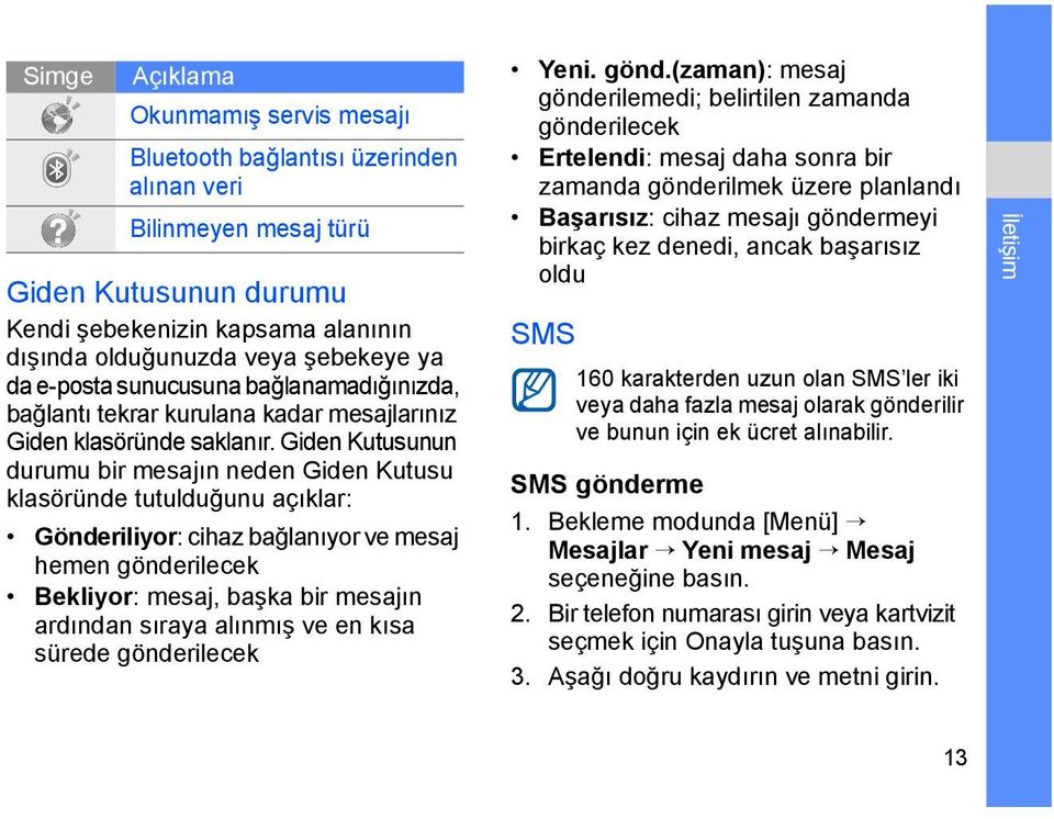 Giden Kutusunun durumu bir mesajın neden Giden Kutusu klasöründe tutulduğunu açıklar: Gönderiliyor: cihaz bağlanıyor ve mesaj hemen gönderilecek Bekliyor: mesaj, başka bir mesajın ardından sıraya