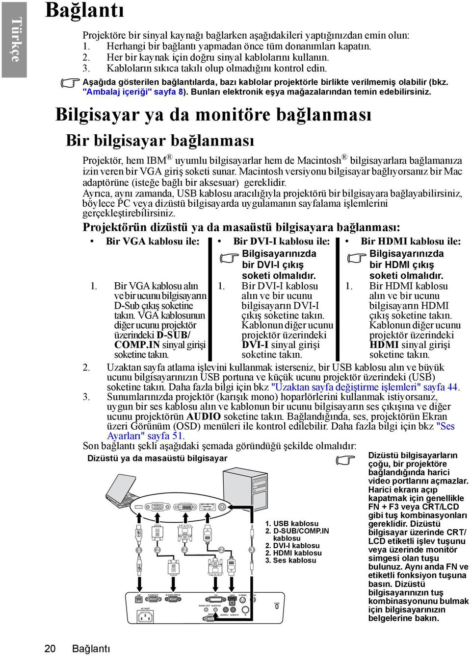 Aşağıda gösterilen bağlantılarda, bazı kablolar projektörle birlikte verilmemiş olabilir (bkz. "Ambalaj içeriği" sayfa 8). Bunları elektronik eşya mağazalarından temin edebilirsiniz.