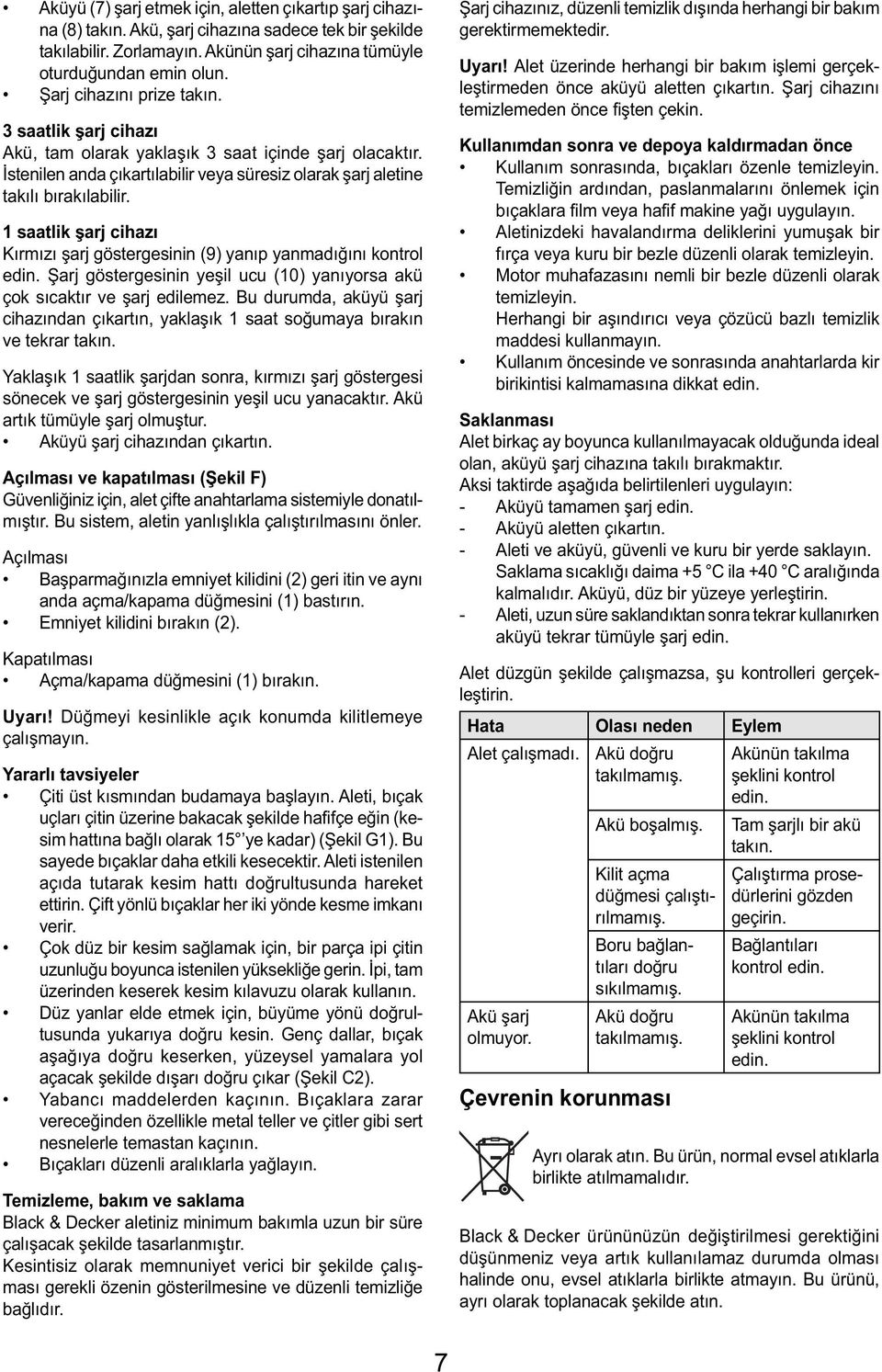 1 saatlik şarj cihazı Kırmızı şarj göstergesinin (9) yanıp yanmadığını kontrol edin. Şarj göstergesinin yeşil ucu (10) yanıyorsa akü çok sıcaktır ve şarj edilemez.