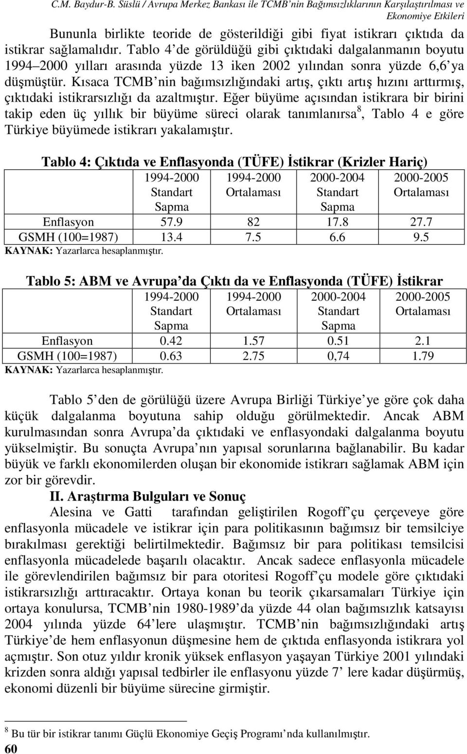 Tablo 4 de görüldüğü gibi çıkıdaki dalgalanmanın boyuu 1994 yılları arasında yüzde 13 iken yılından sonra yüzde 6,6 ya düşmüşür.