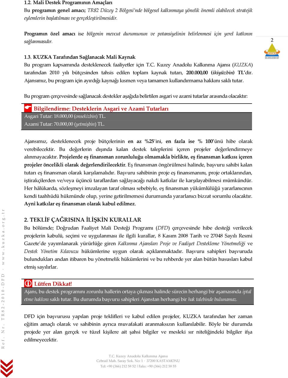 KUZKA Tarafından Sağlanacak Mali Kaynak Bu program kapsamında desteklenecek faaliyetler için (KUZKA) tarafından 2010 yılı bütçesinden tahsis edilen toplam kaynak tutarı, 200.000,00 (ikiyüzbin) TL dir.