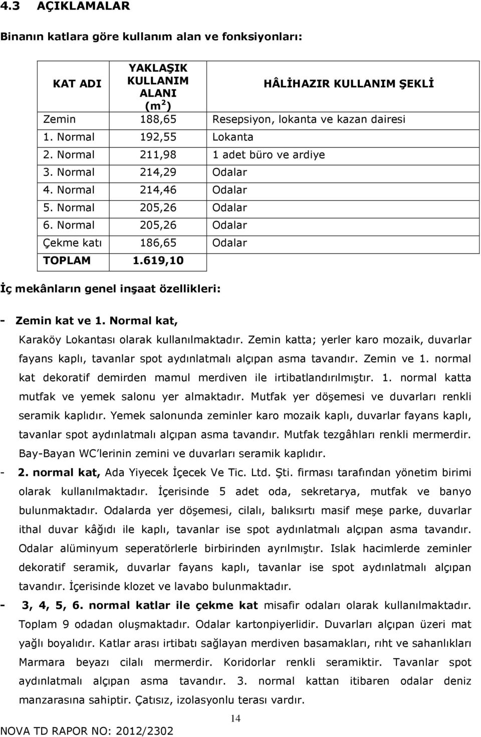 619,10 İç mekânların genel inşaat özellikleri: - Zemin kat ve 1. Normal kat, Karaköy Lokantası olarak kullanılmaktadır.