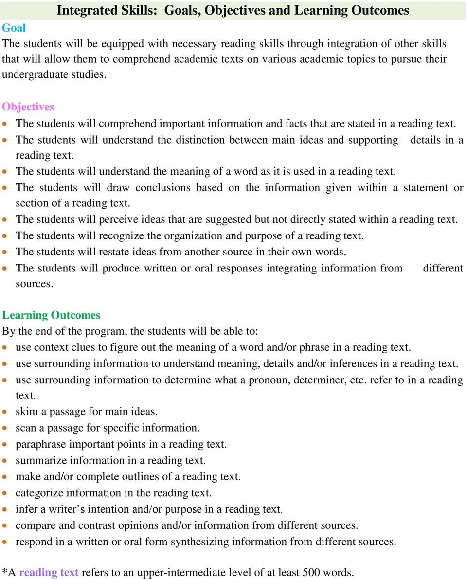 The students will understand the distinction between main ideas and supporting details in a reading text. The students will understand the meaning of a word as it is used in a reading text.