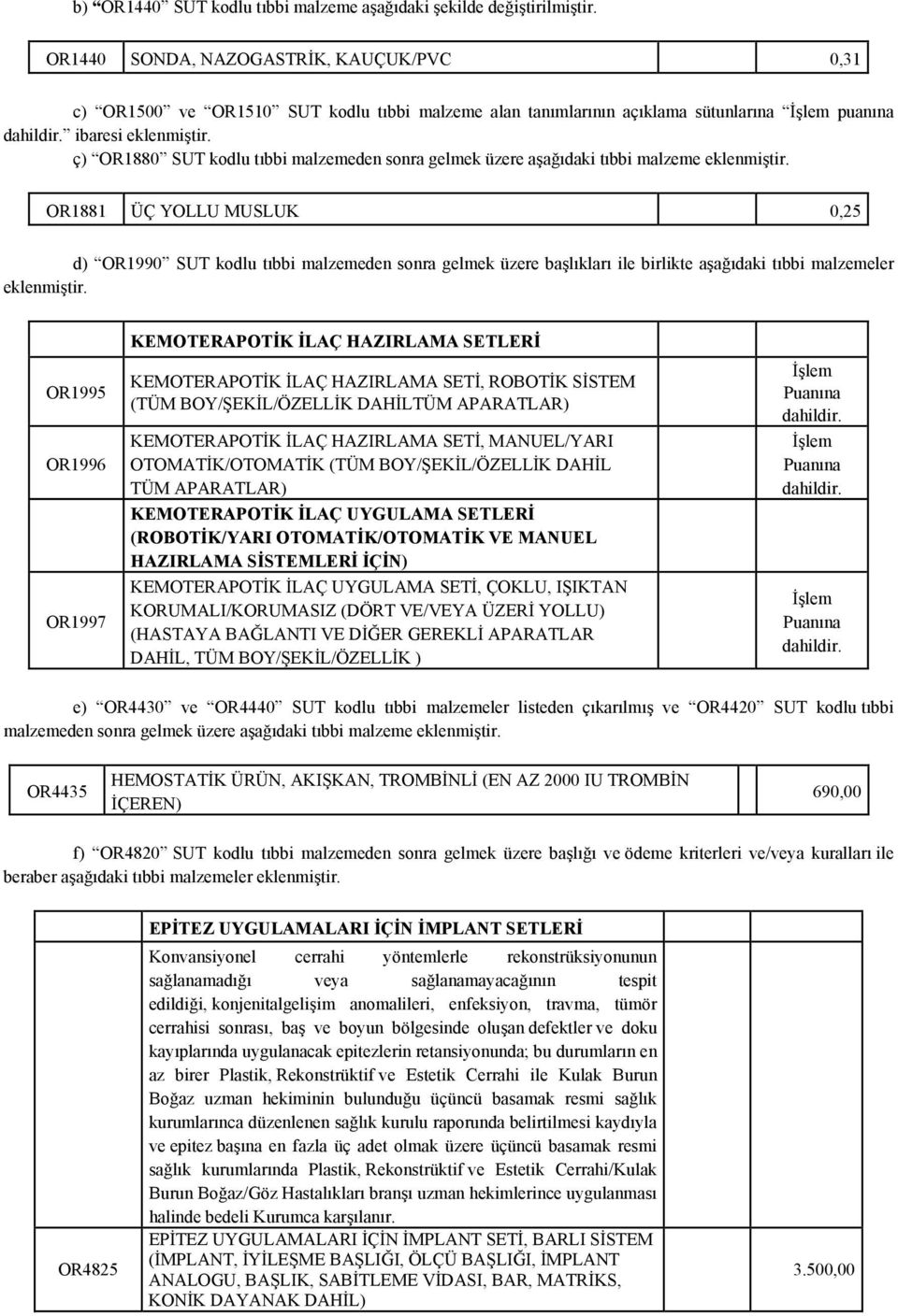 ç) OR1880 SUT kodlu tıbbi malzemeden sonra gelmek üzere aşağıdaki tıbbi malzeme eklenmiştir.