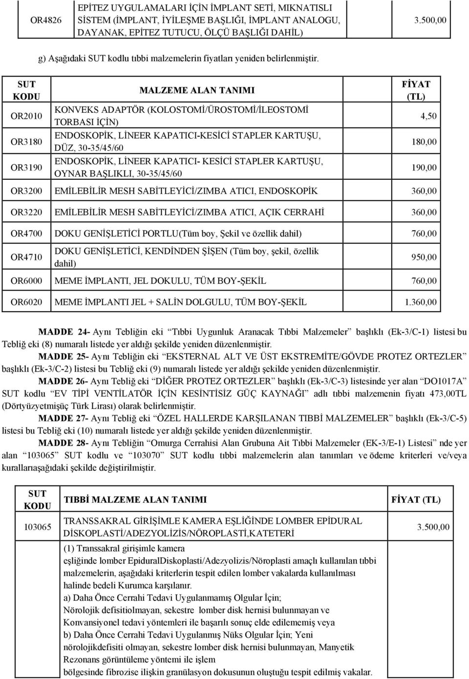 SUT KODU OR2010 OR3180 OR3190 MALZEME ALAN TANIMI KONVEKS ADAPTÖR (KOLOSTOMİ/ÜROSTOMİ/İLEOSTOMİ TORBASI İÇİN) ENDOSKOPİK, LİNEER KAPATICI-KESİCİ STAPLER KARTUŞU, DÜZ, 30-35/45/60 ENDOSKOPİK, LİNEER