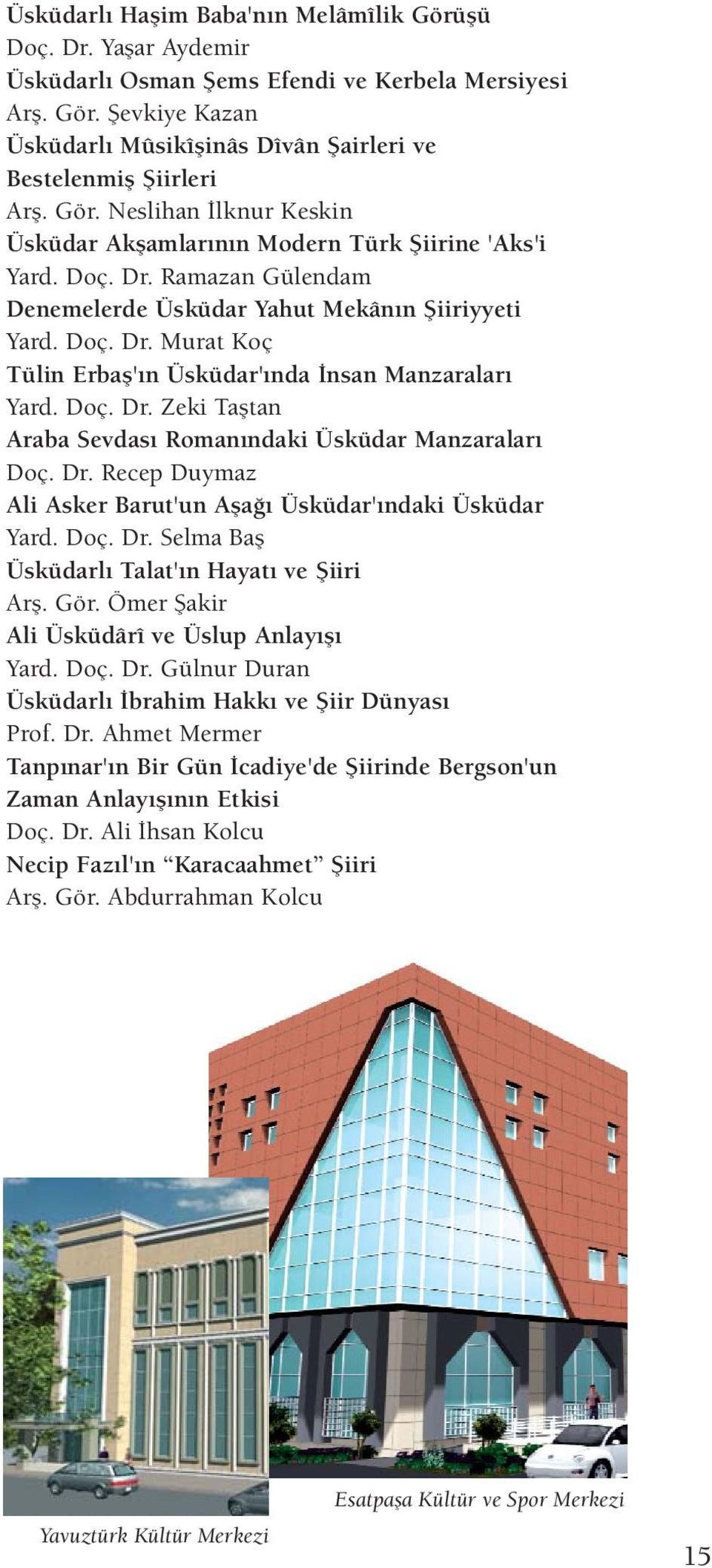 Doç. Dr. Zeki Taştan Araba Sevdası Romanındaki Üsküdar Manzaraları Doç. Dr. Recep Duymaz Ali Asker Barut'un Aşağı Üsküdar'ındaki Üsküdar Yard. Doç. Dr. Selma Baş Üsküdarlı Talat'ın Hayatı ve Şiiri Arş.