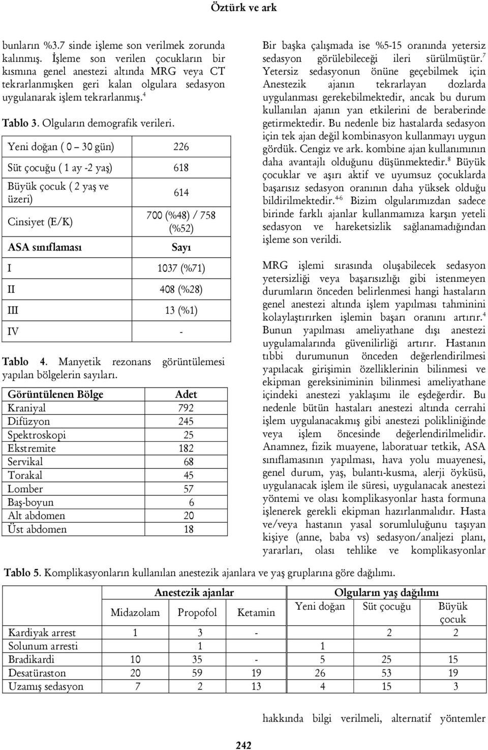 Yeni doğan ( 0 30 gün) 226 Süt çocuğu ( 1 ay -2 yaş) 618 Büyük çocuk ( 2 yaş ve üzeri) Cinsiyet (E/K) ASA sınıflaması 614 700 (%48) / 758 (%52) Sayı I 1037 (%71) II 408 (%28) III 13 (%1) IV - Tablo 4.