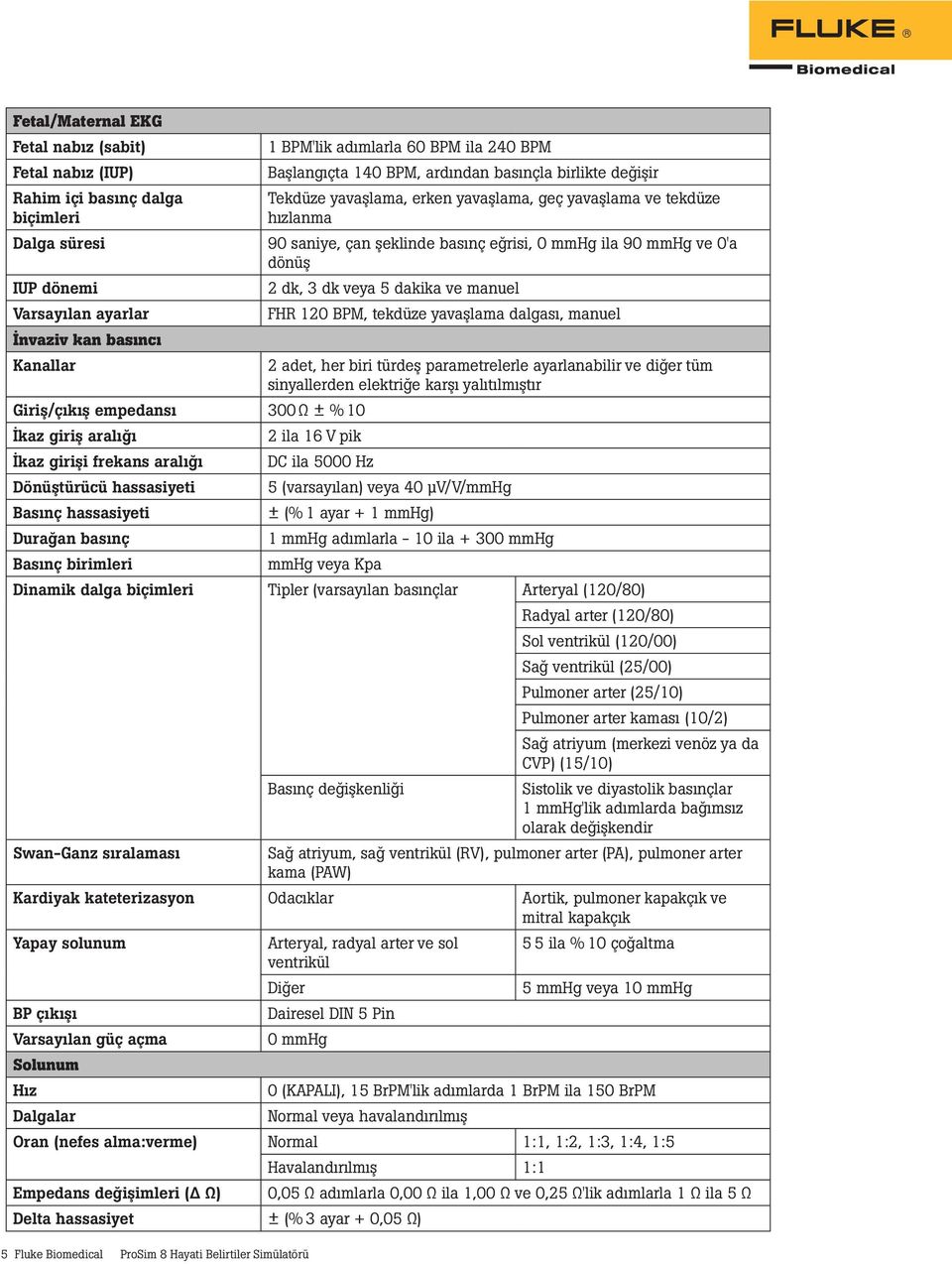 çan şeklinde basınç eğrisi, 0 mmhg ila 90 mmhg ve 0'a dönüş 2 dk, 3 dk veya 5 dakika ve manuel FHR 120 BPM, tekdüze yavaşlama dalgası, manuel 2 adet, her biri türdeş parametrelerle ayarlanabilir ve