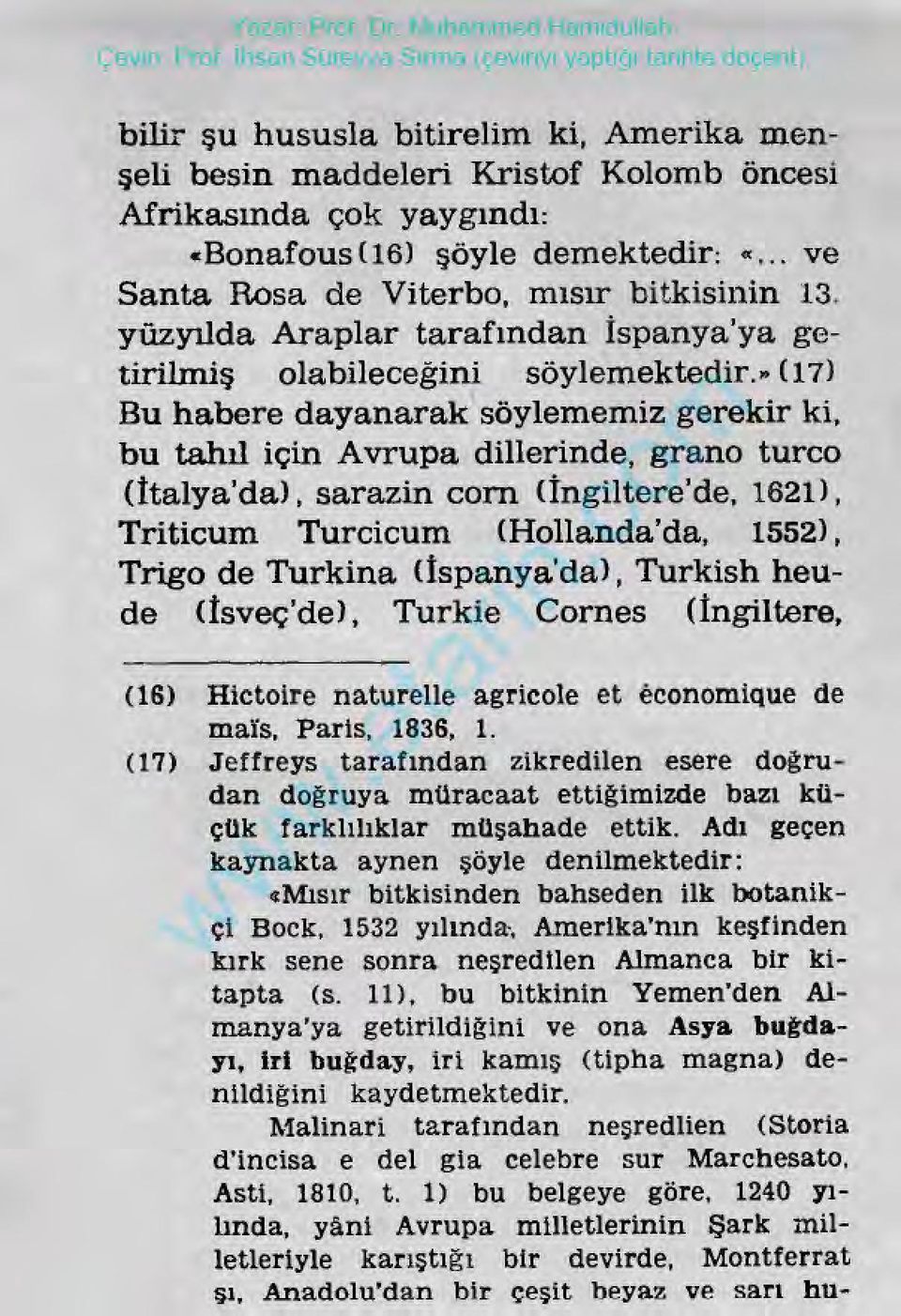 »(17) Buhaberedayanaraksöylememizgerekirki, butahıliçin Avrupadilerinde,granoturco (İtalya da),sarazinçora(ingiltere de,1621), Triticum Turcicum (Holanda da, 1552), TrigodeTurkina(Ispanya