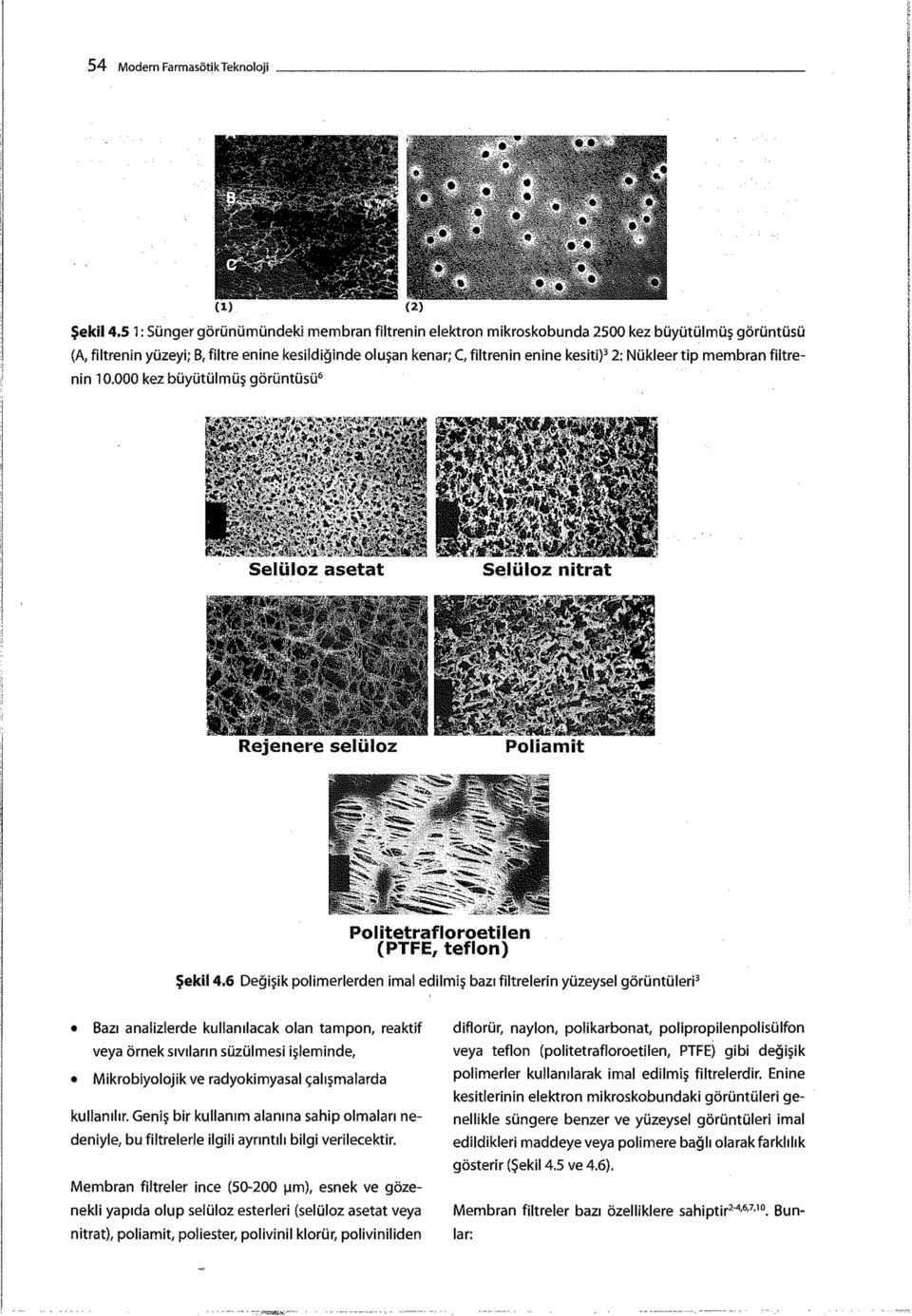 Nükleer tip membran filtrenin 10.000 kez büyütülmüş görüntüsü 6 PolîtetrafloroetHen (PTFE, teflon) Şekil 4.