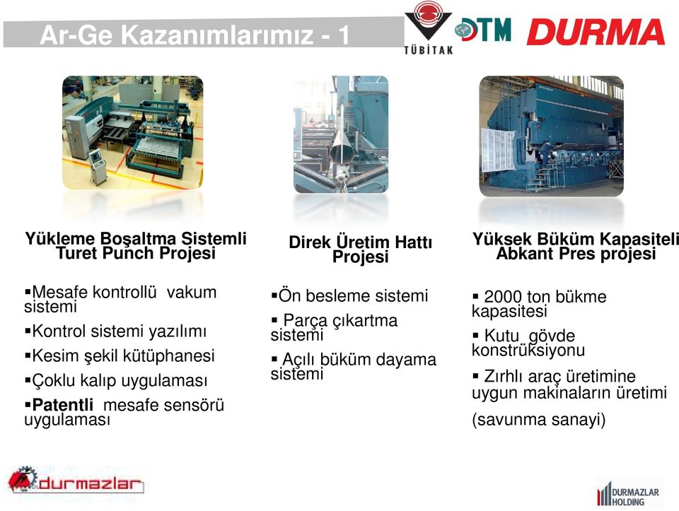 Hattı Projesi Ön besleme sistemi Parça çıkartma sistemi Açılı büküm dayama sistemi Yüksek Büküm Kapasiteli Abkant