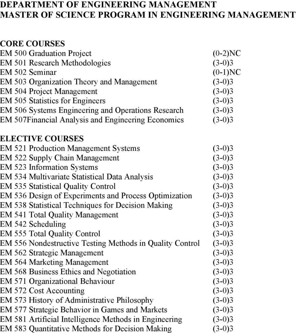 Analysis and Engineering Economics (3-0)3 ELECTIVE COURSES EM 521 Production Management Systems (3-0)3 EM 522 Supply Chain Management (3-0)3 EM 523 Information Systems (3-0)3 EM 534 Multivariate